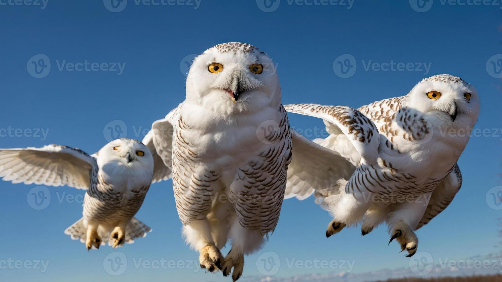 Three snowy owls soaring gracefully against a clear blue sky, showcasing their majestic flight photo