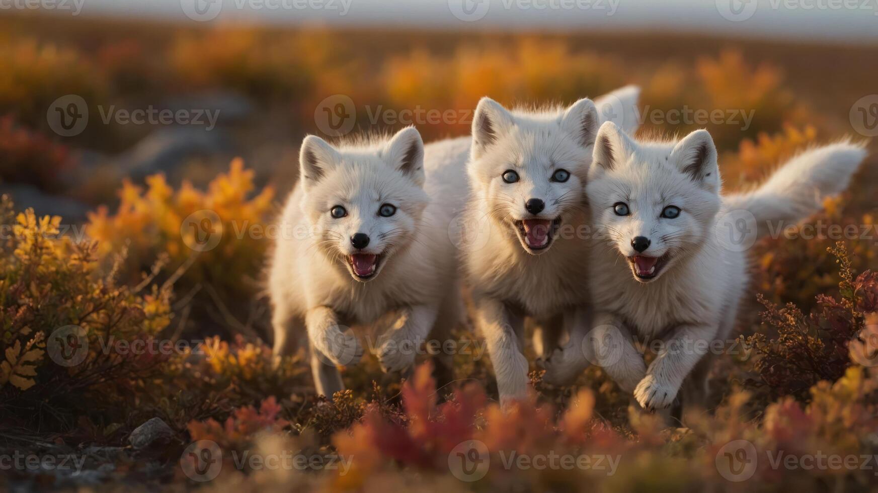 Three playful Arctic foxes running joyfully through colorful autumn foliage in a natural setting photo