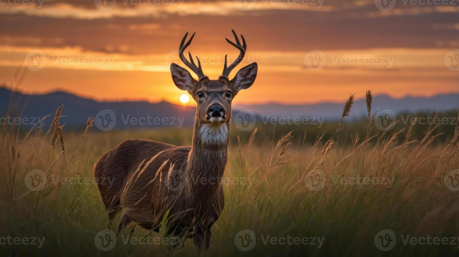 Majestic deer standing in golden grass at sunset, with mountains in the background photo