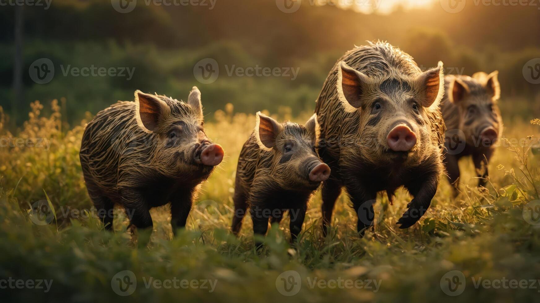 Four playful piglets trotting through a sunlit meadow, surrounded by lush greenery at sunset photo