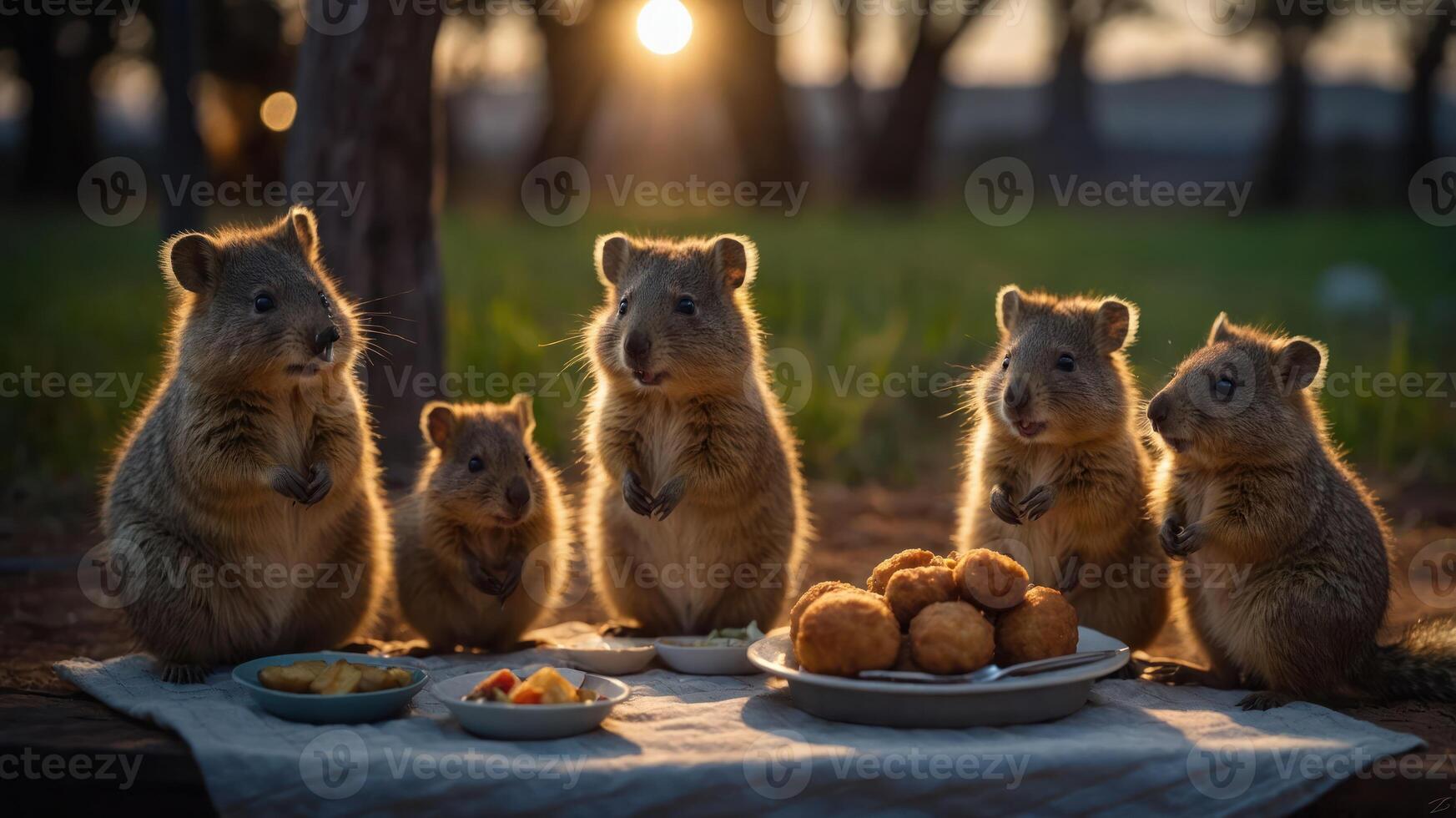 Group of five adorable wombats enjoying a picnic at sunset in a serene outdoor setting photo