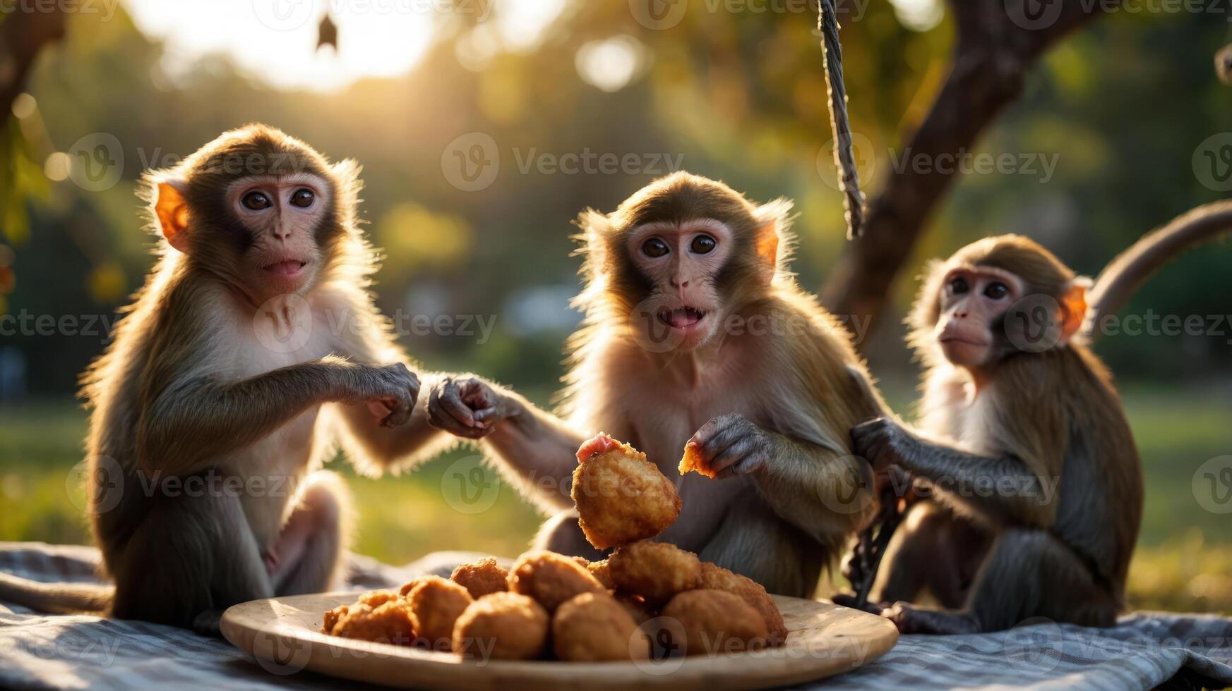 Three monkeys sharing food on a picnic blanket in a sunny park with trees in the background photo