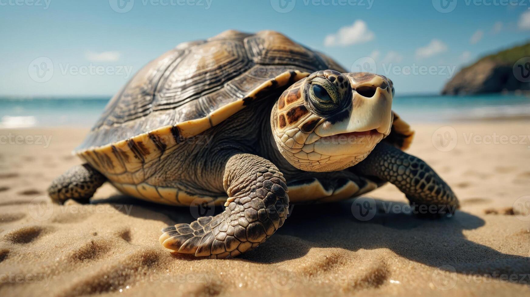 Close-up of a turtle basking on a sandy beach with ocean waves and blue sky in the background photo