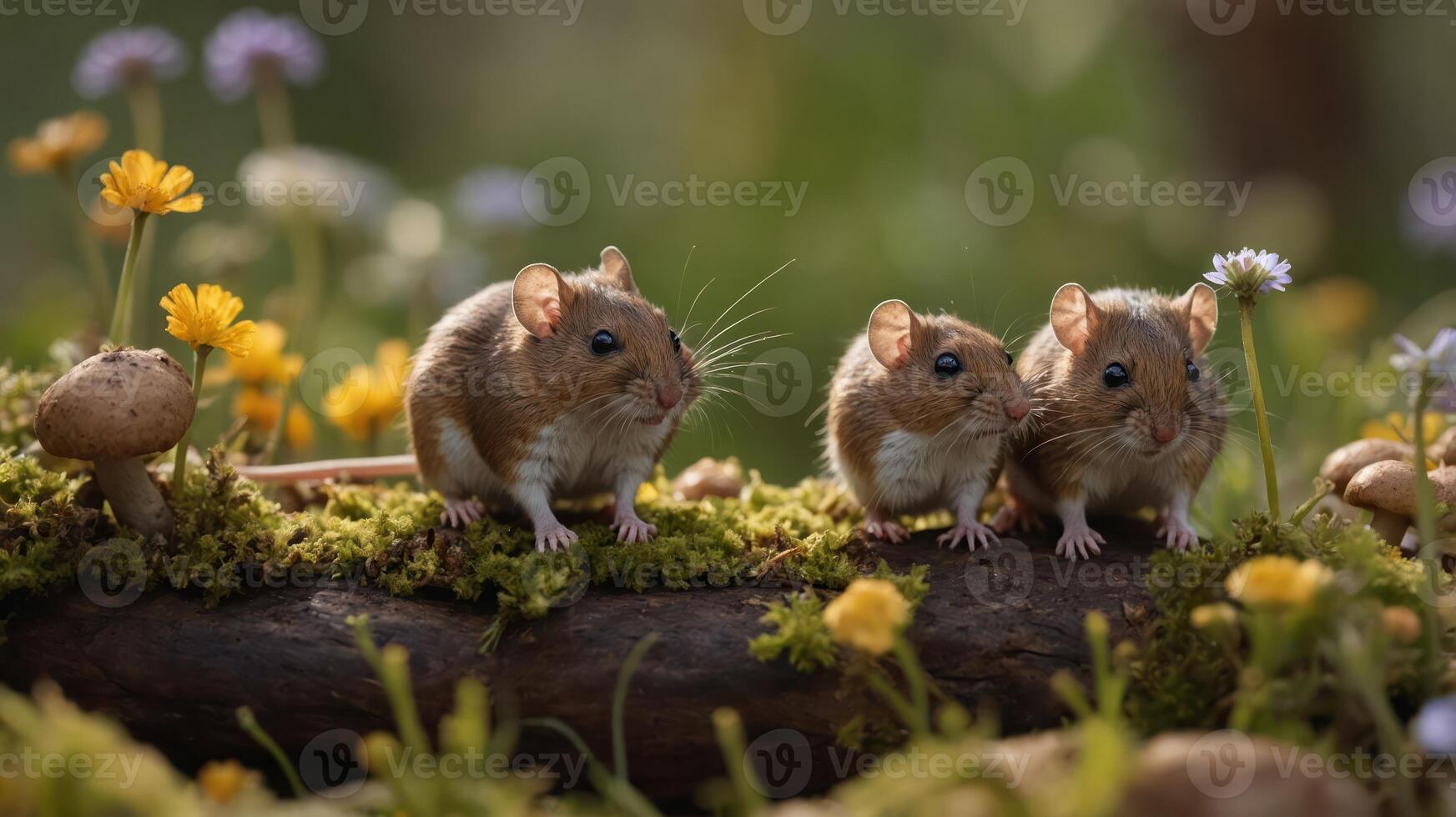 Three small mice exploring a vibrant meadow filled with colorful flowers and mushrooms photo