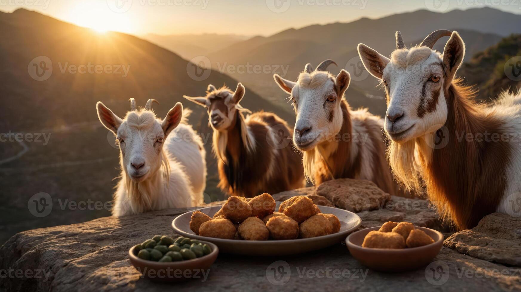 Four goats curiously observing a spread of food at sunset in a mountainous landscape photo