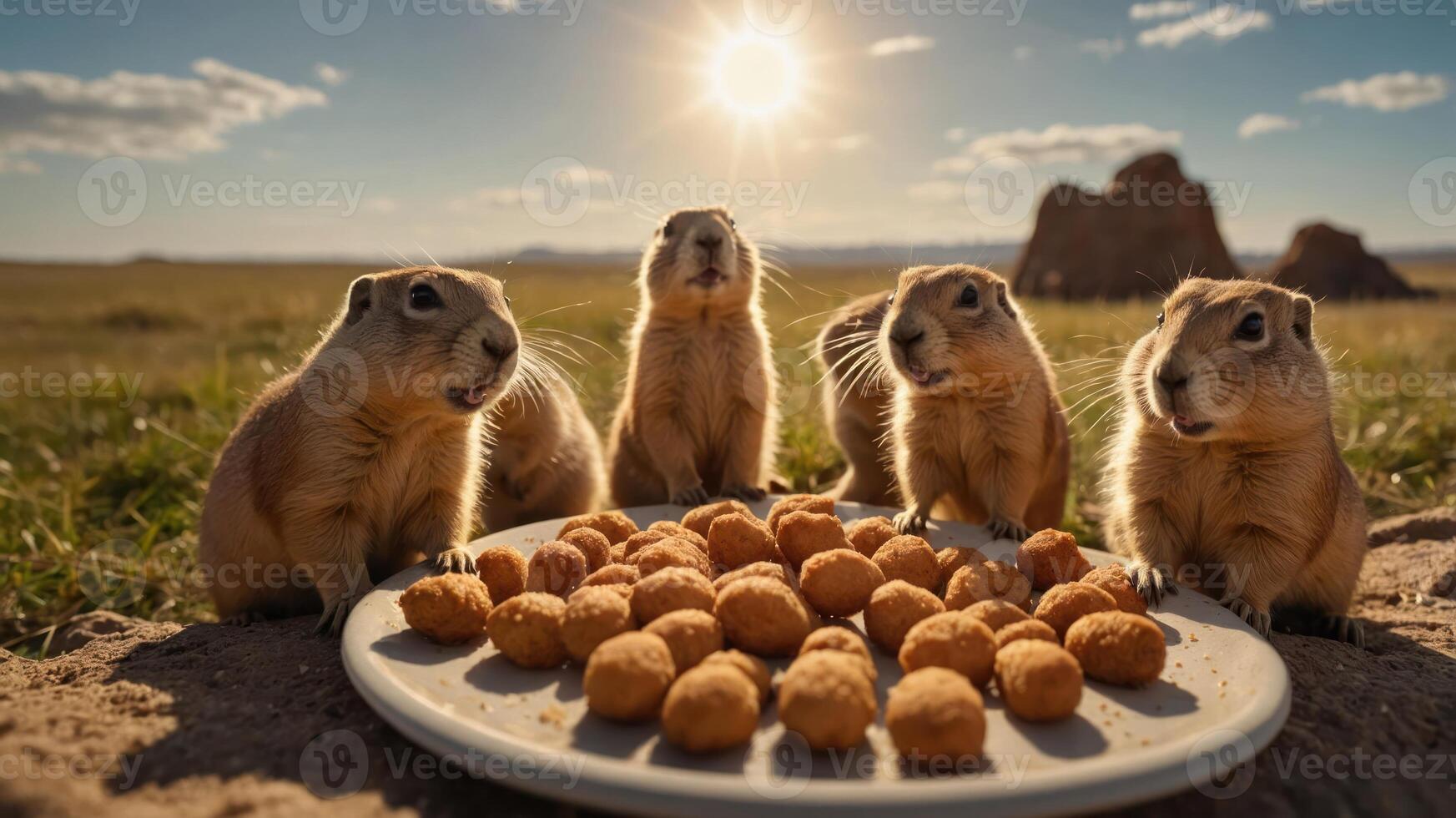 Four prairie dogs gathered around a plate of food under a bright sun in a grassy landscape photo