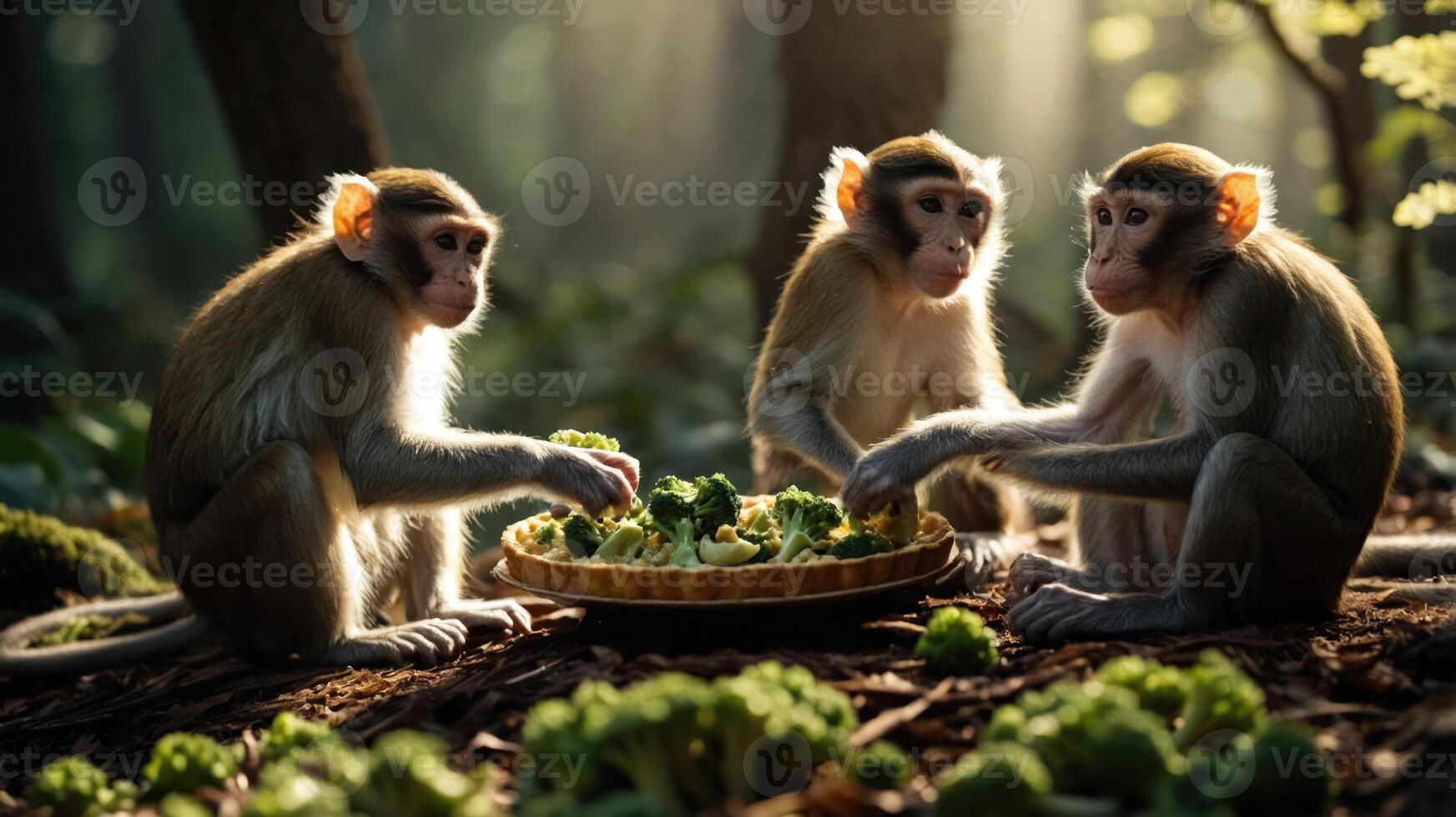 Three monkeys enjoying fresh broccoli in a sunlit forest, surrounded by lush greenery and soft light photo