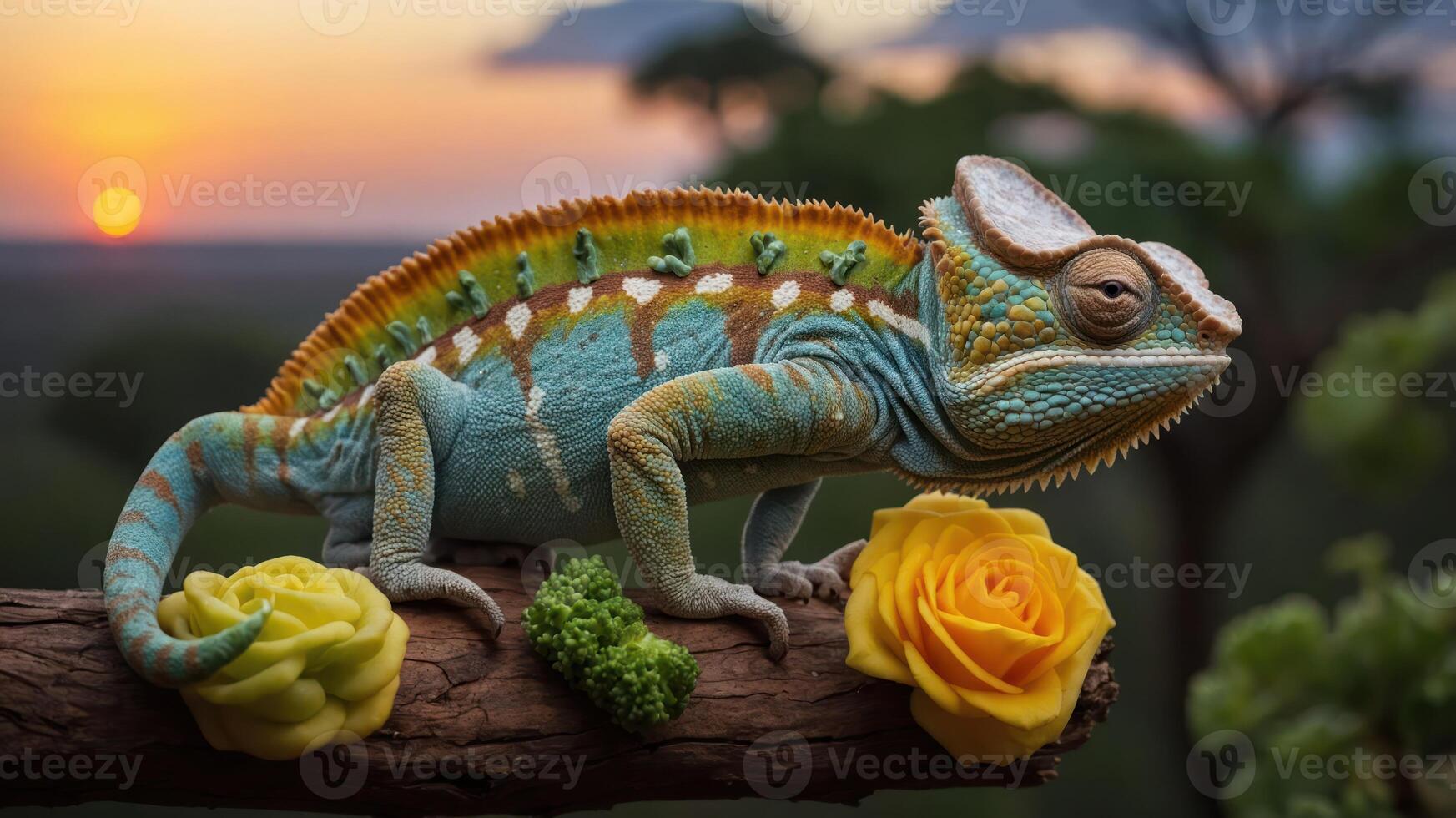 Vibrant chameleon perched on a branch surrounded by colorful flowers at sunset in nature photo