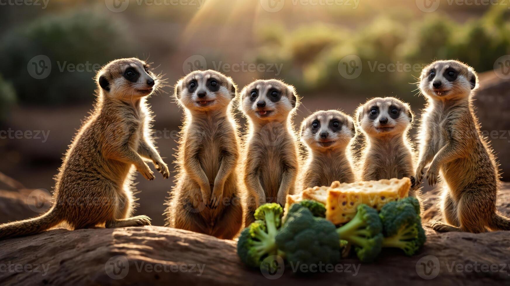Group of six meerkats curiously observing a colorful spread of vegetables in a sunlit desert setting photo