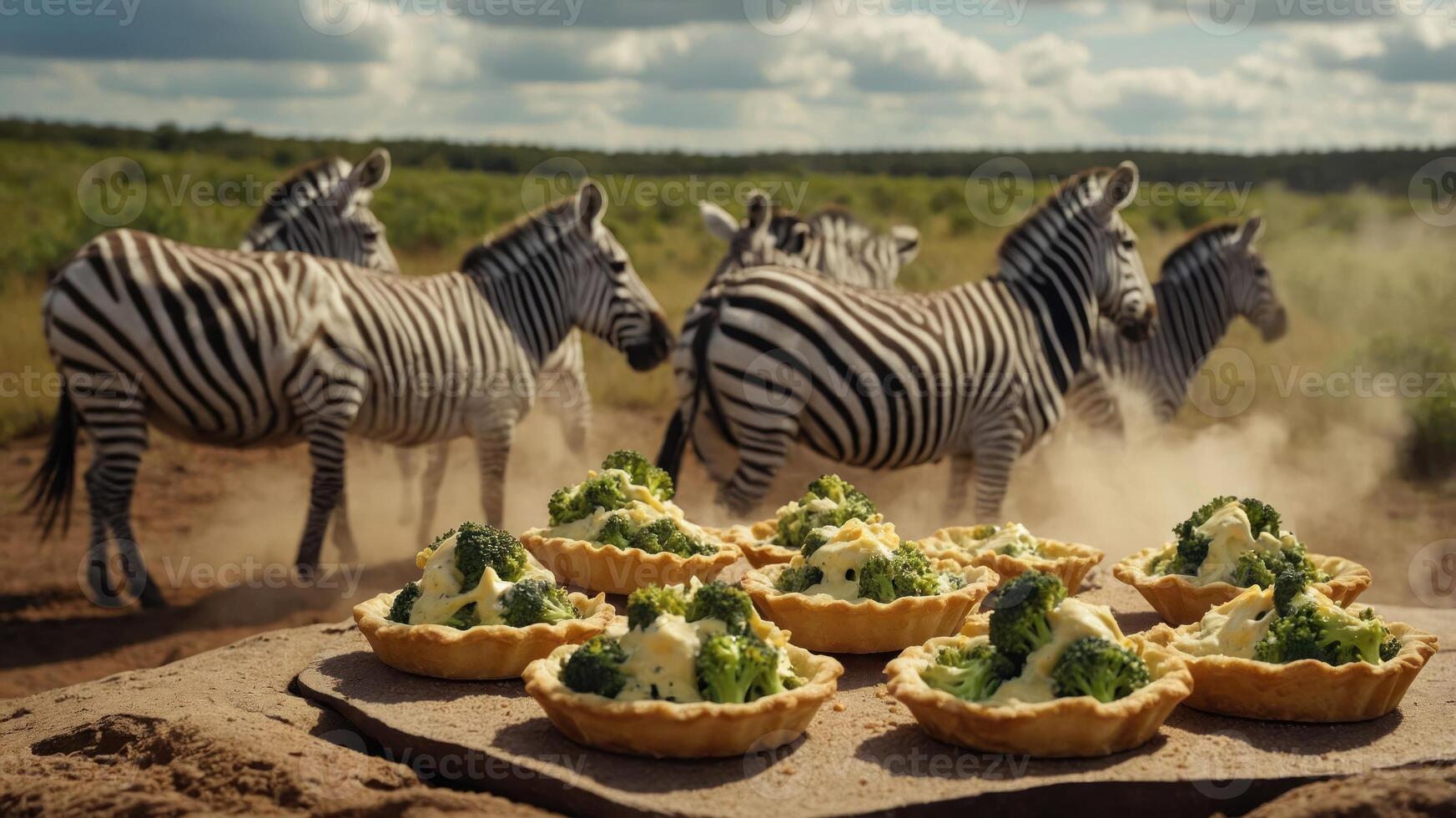 A vibrant outdoor scene featuring delicious broccoli tarts in the foreground with zebras grazing in the background photo