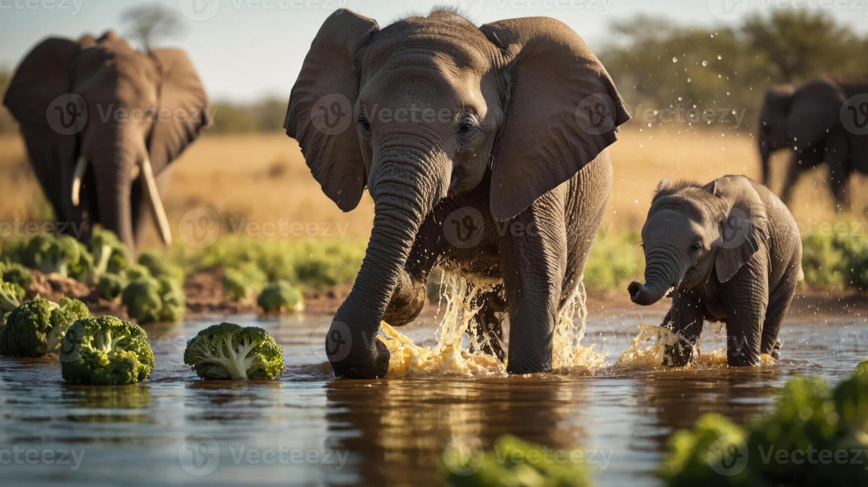 A herd of elephants splashes through a river, surrounded by lush greenery, showcasing wildlife in nature photo