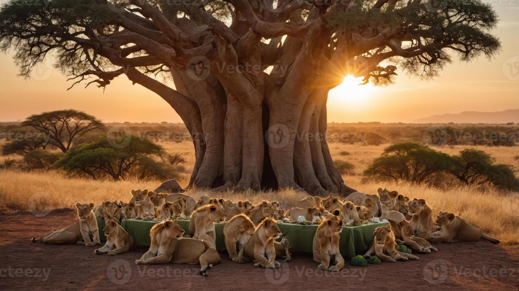 A serene sunset scene featuring a group of lions resting around a table under a large tree photo