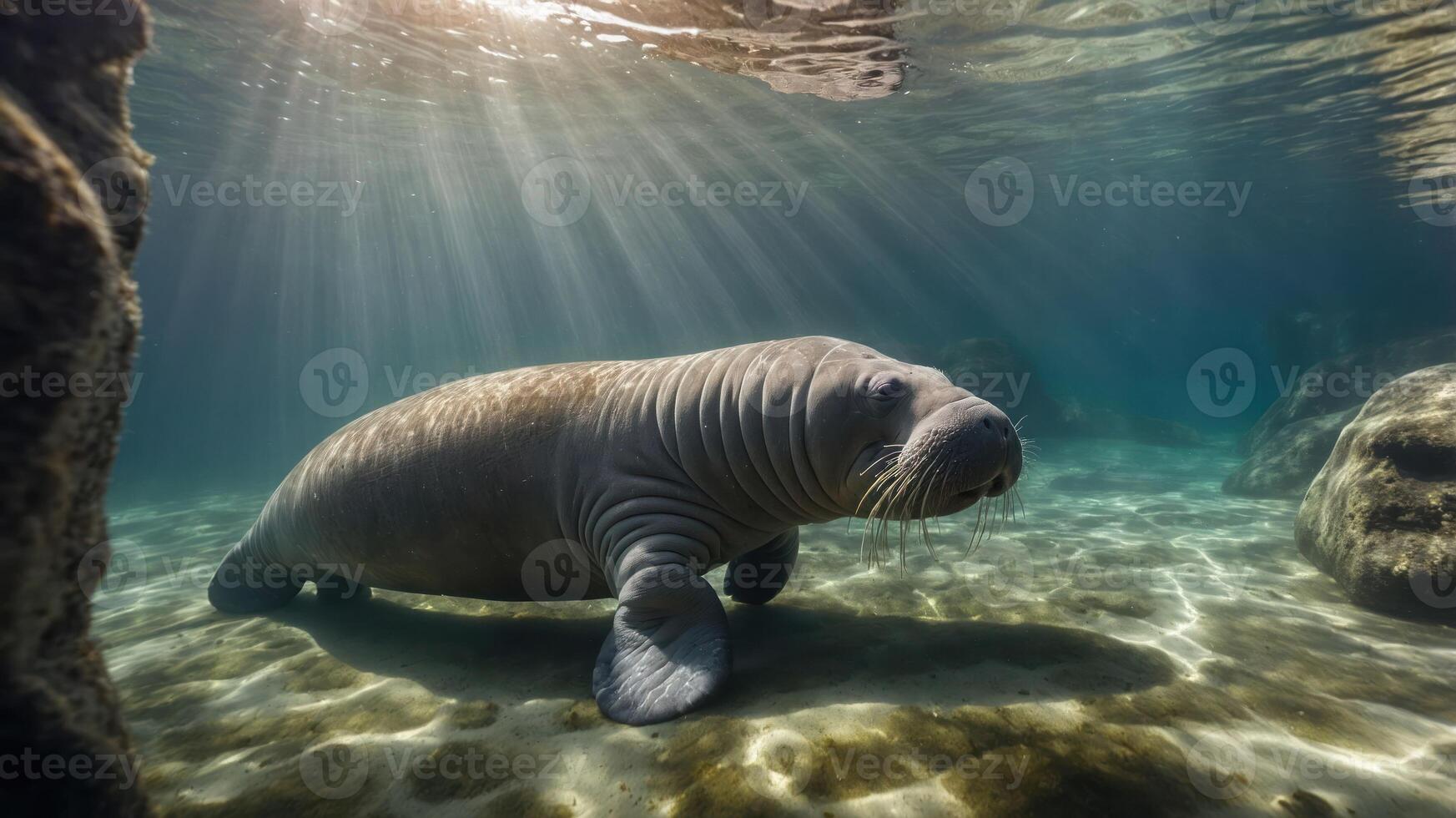 Underwater scene featuring a manatee swimming gracefully among rocks with sun rays illuminating the water photo