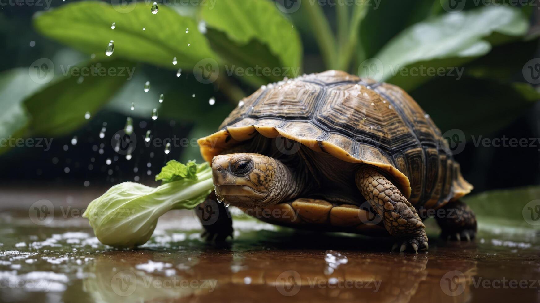 A tortoise munching on lettuce while droplets of water fall around it in a lush environment photo