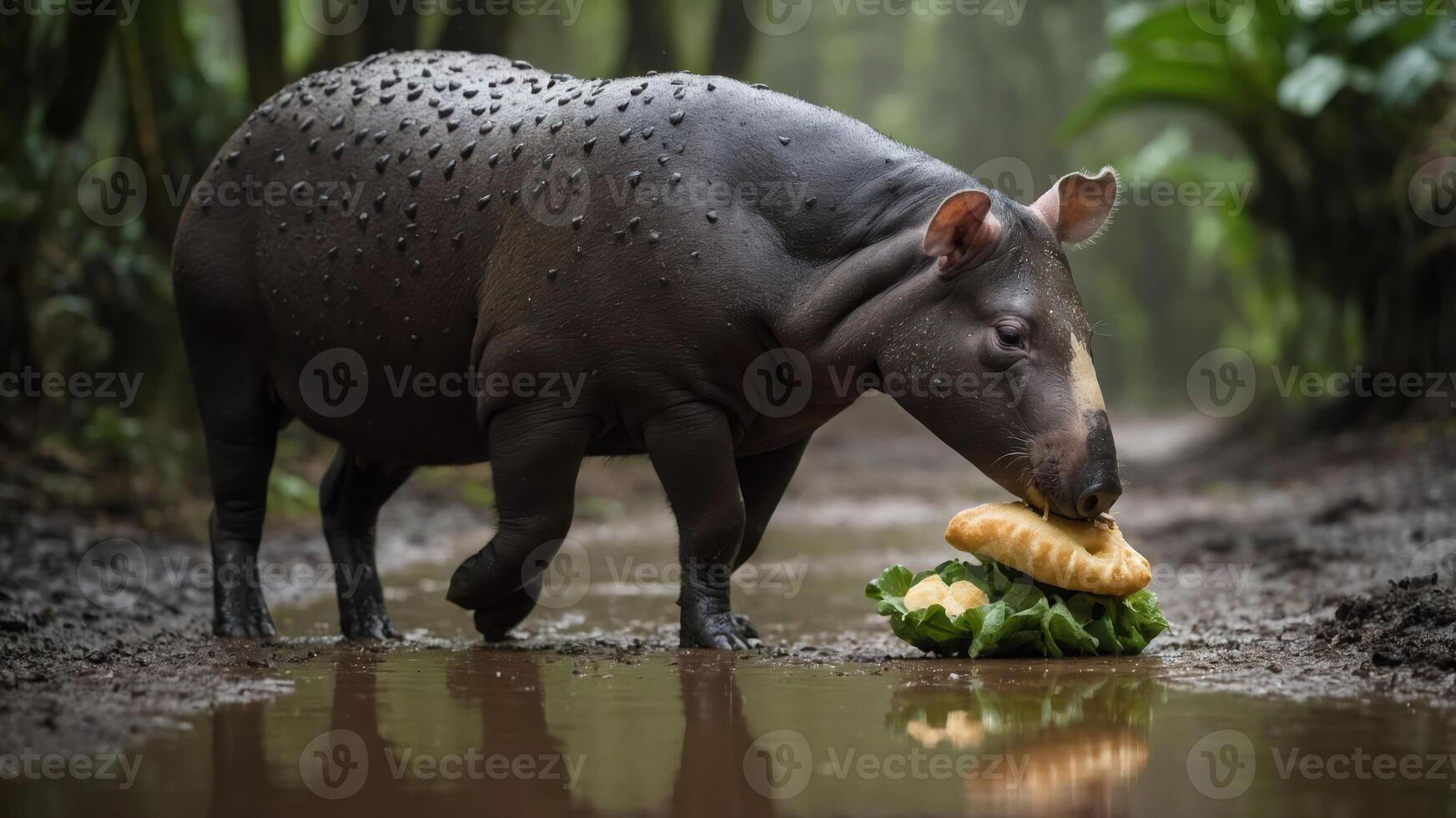A tapir enjoying a large sandwich in a lush, green rainforest setting with puddles photo