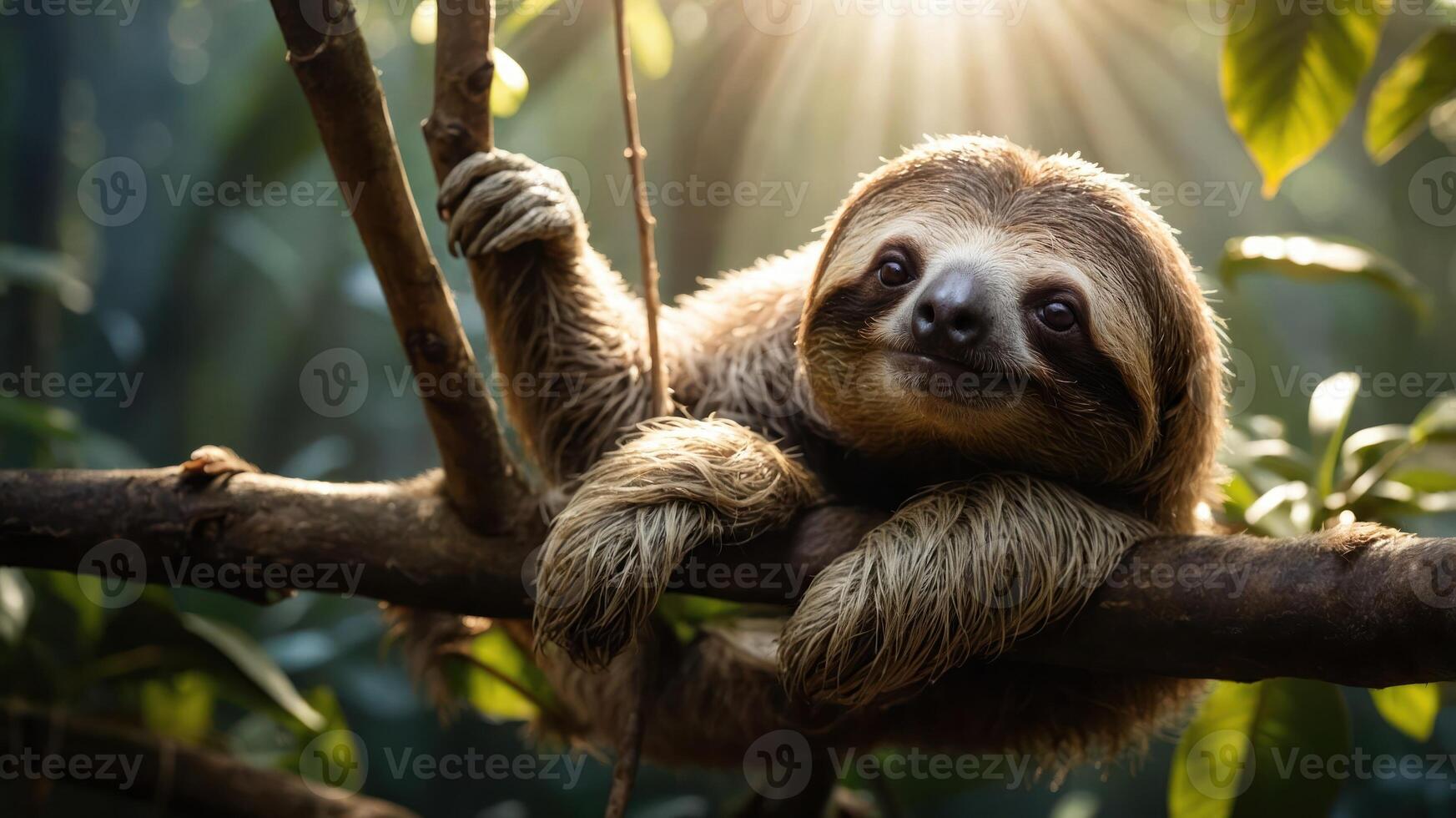 A sloth relaxes on a tree branch in a lush jungle, illuminated by soft sunlight filtering through leaves photo