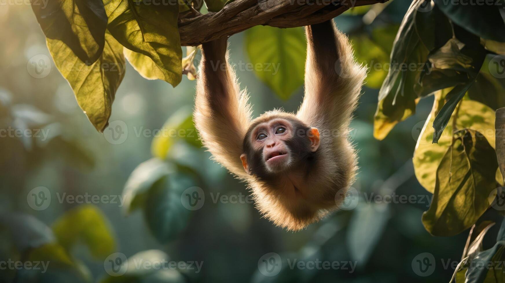 Playful monkey hanging from a tree branch in a lush green forest with sunlight filtering through leaves photo