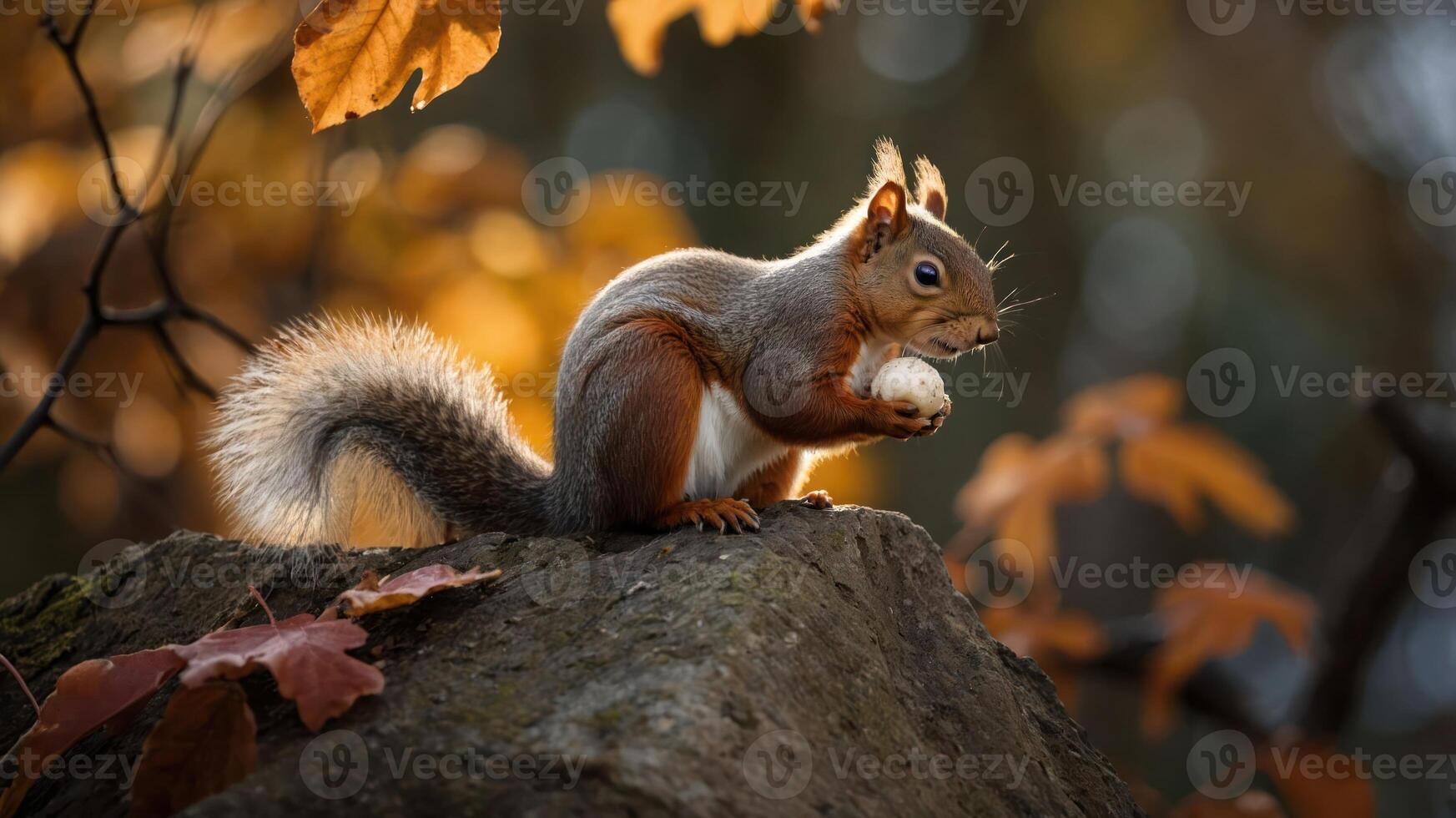 Squirrel Foraging on a Tree Stump Amidst Autumn Leaves in a Forest Setting photo