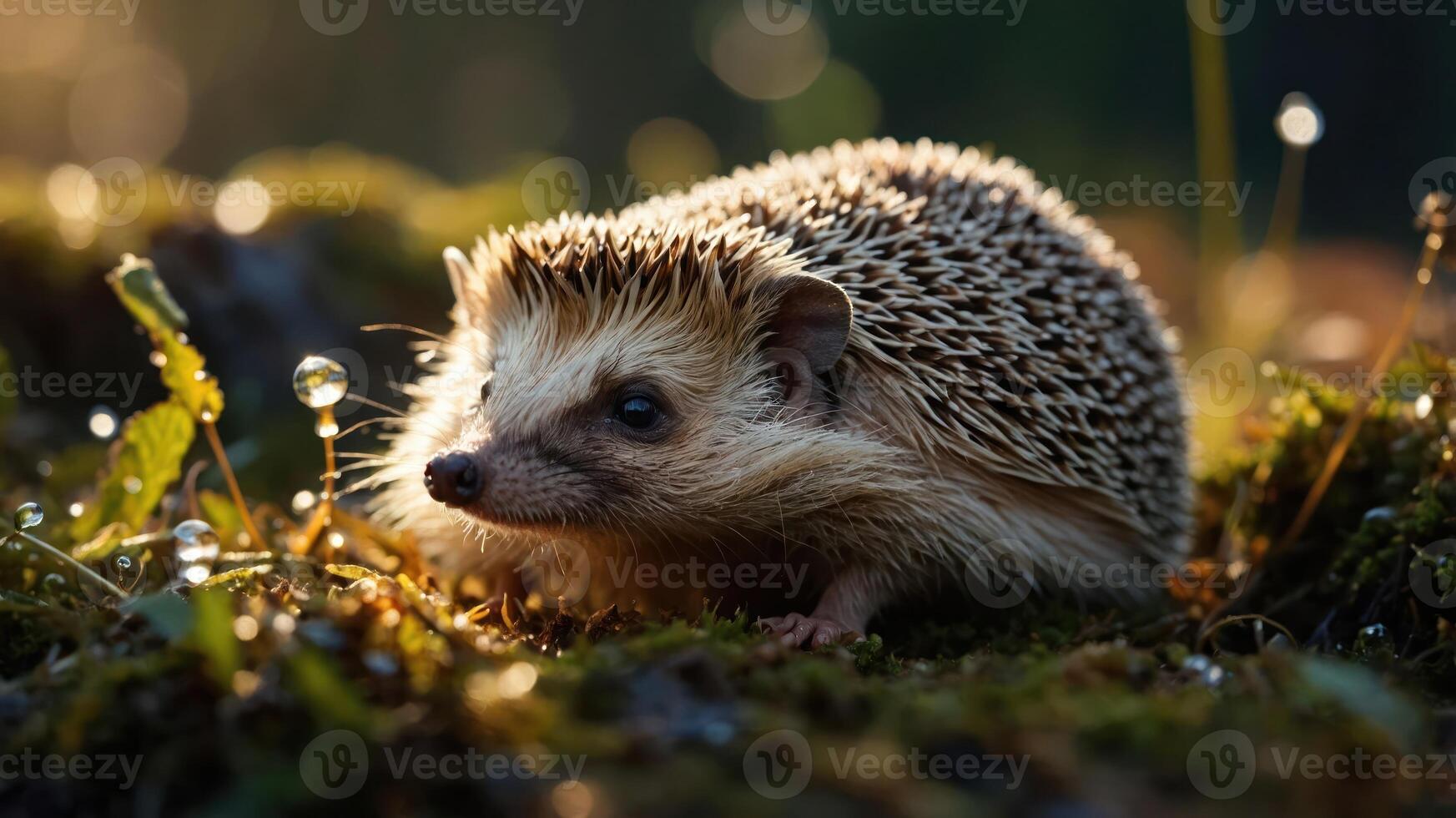 Close-up of a hedgehog foraging in a dewy forest setting during golden hour, showcasing nature photo
