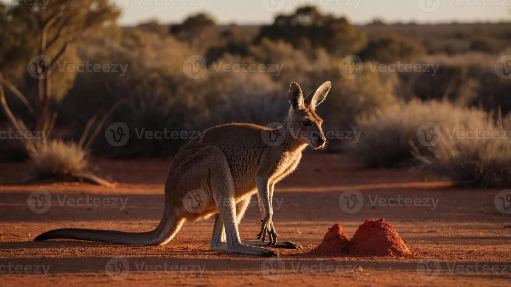 A kangaroo stands near a red mound in the Australian outback during sunset, showcasing nature's beauty photo
