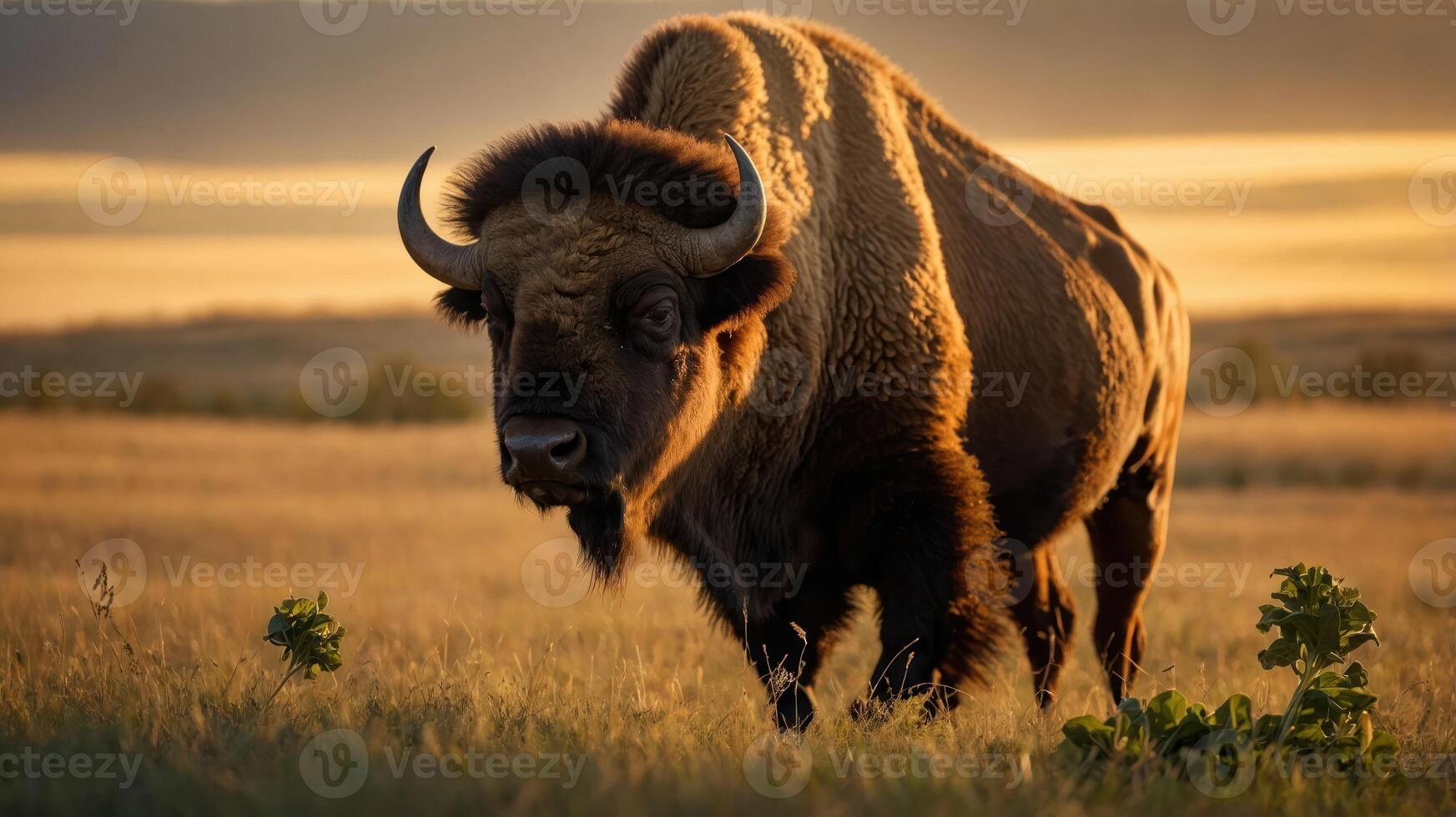 Majestic bison grazing in golden sunset light on open plains with distant hills and serene sky photo