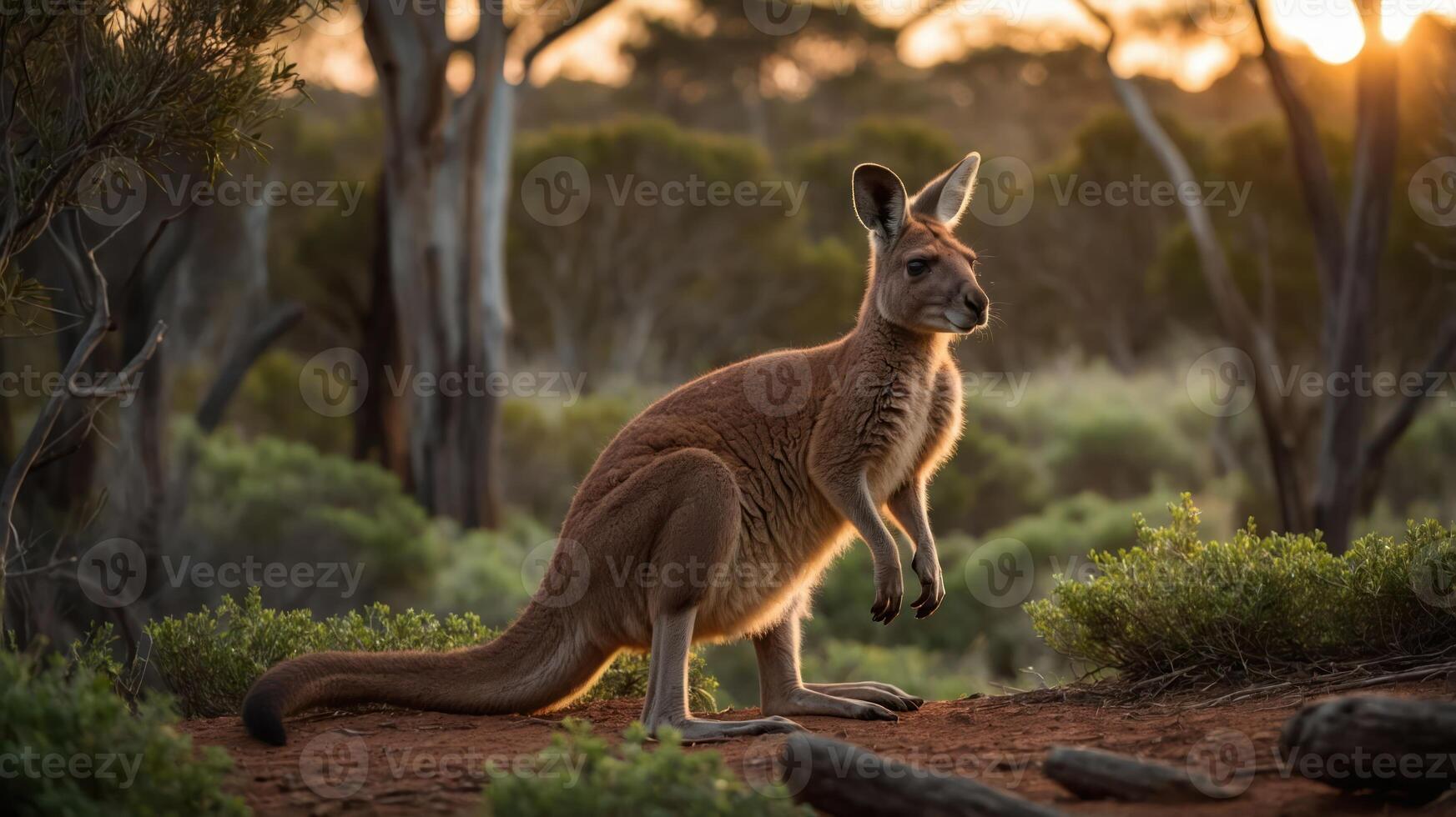 A kangaroo stands gracefully in a sunlit Australian bush, surrounded by lush greenery at dusk photo