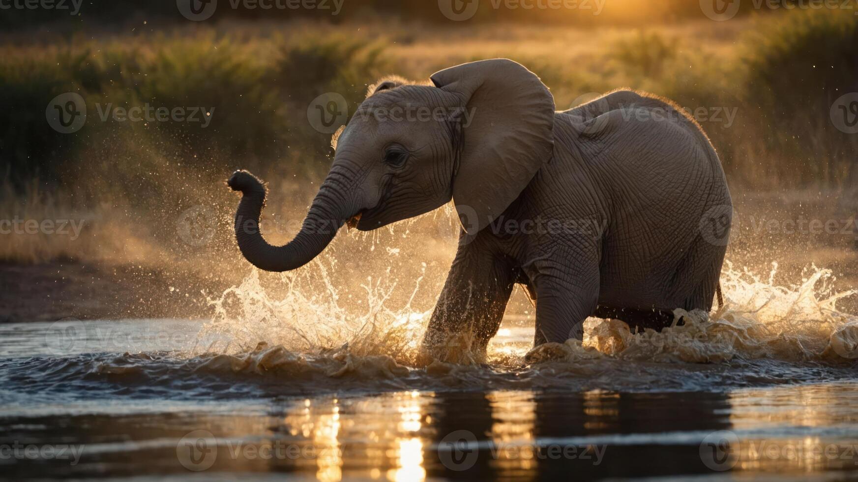 Young elephant splashes in a river at sunset, creating a serene wildlife scene photo