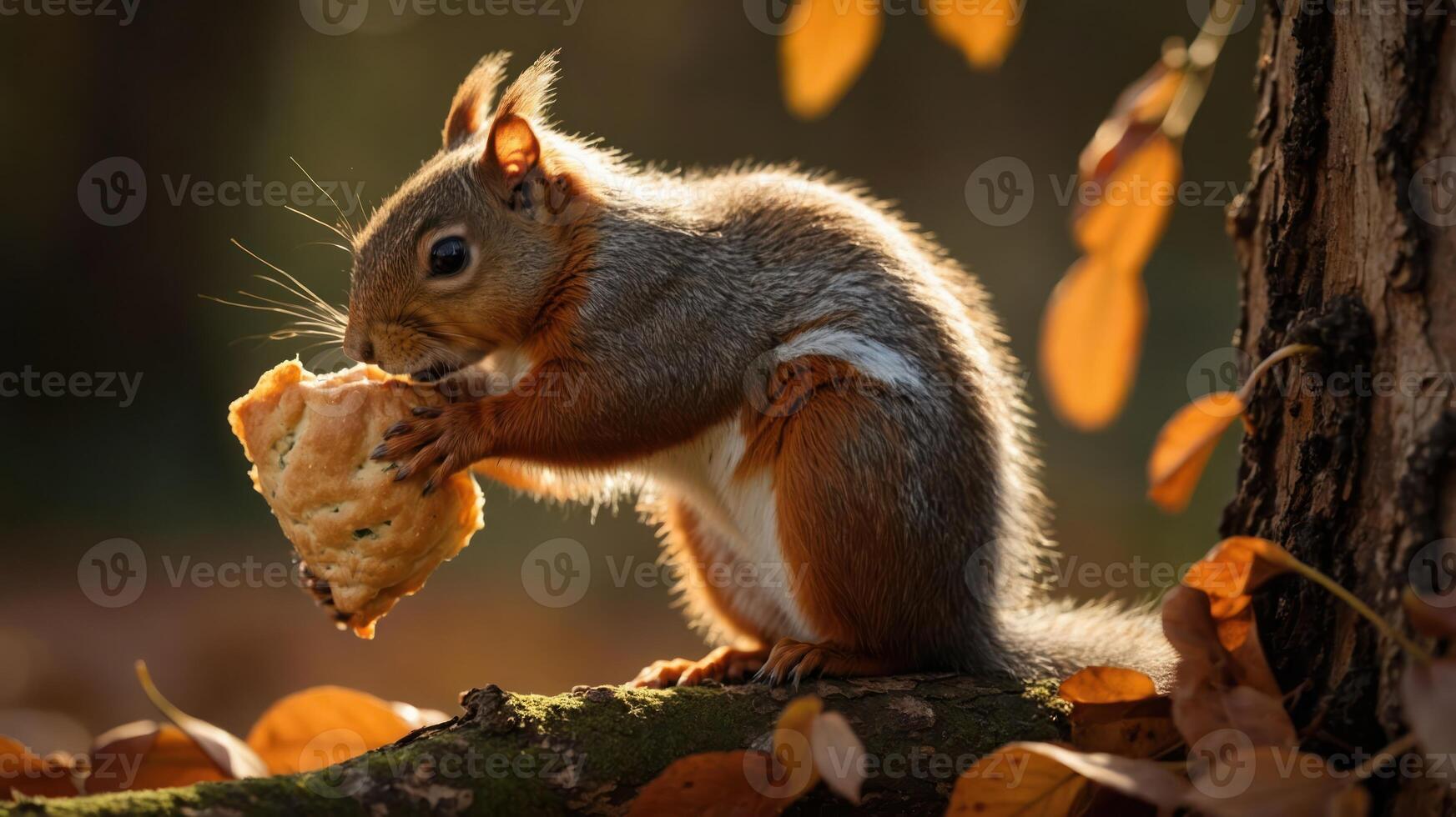 Squirrel Enjoying a Snack on a Tree Branch Surrounded by Autumn Leaves in a Forest photo