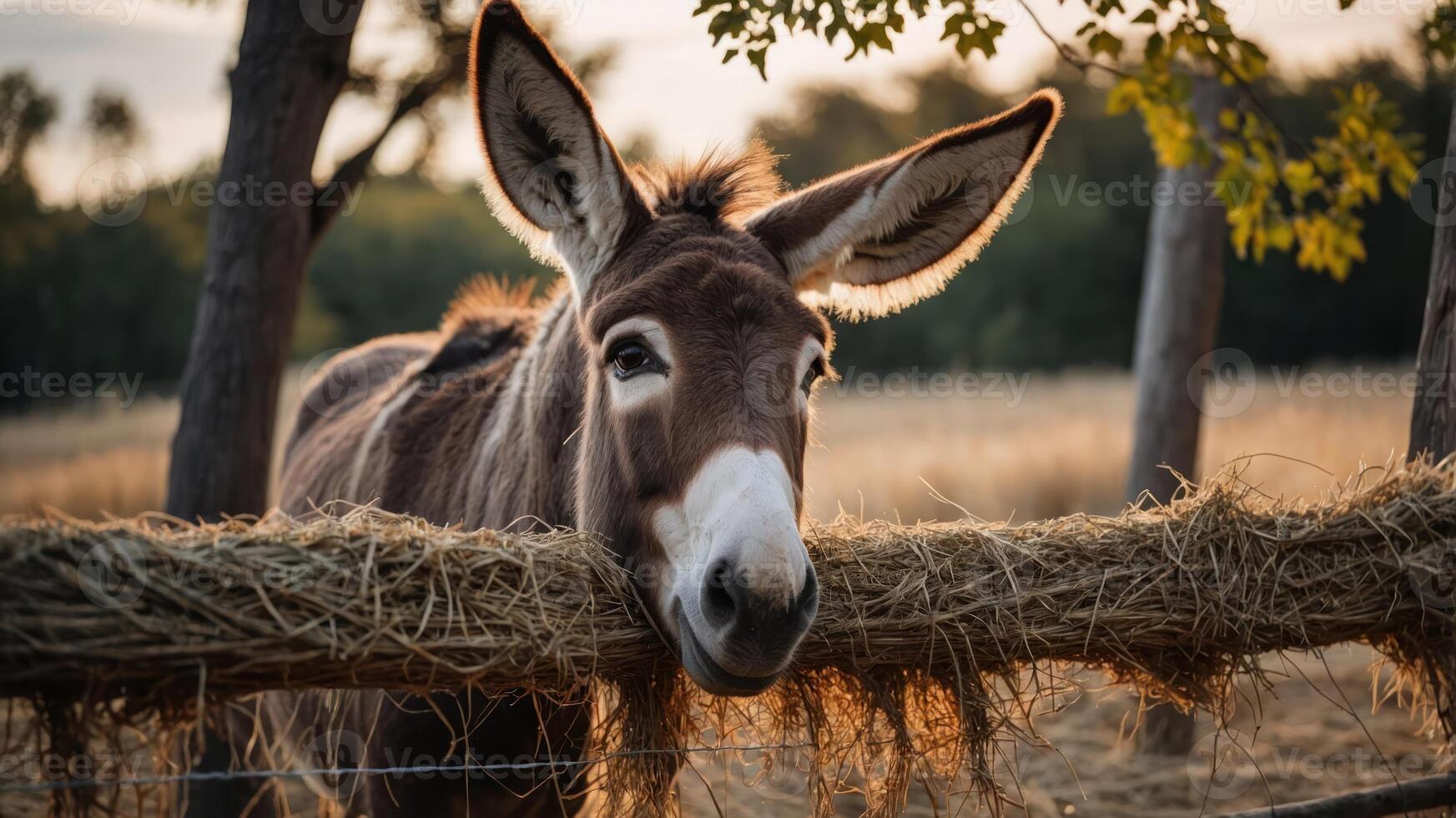 A serene donkey resting its head on a wooden fence at sunset in a tranquil rural setting photo