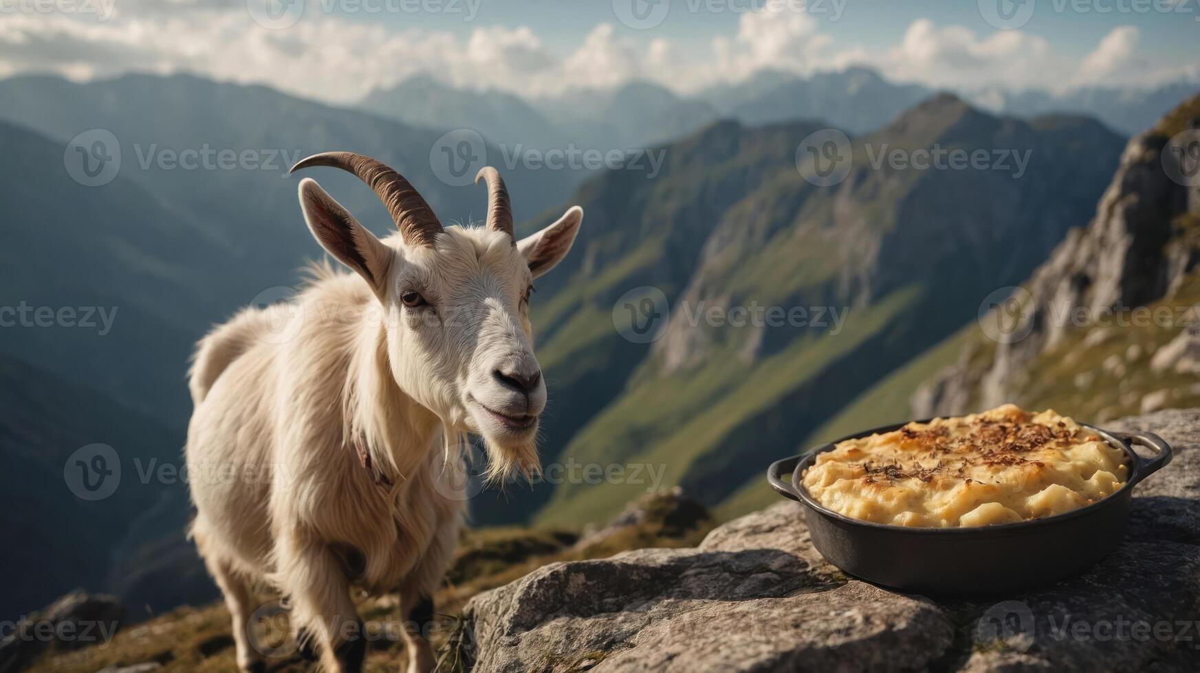 Goat on a Mountain Peak Near a Delicious Dish, Surrounded by Scenic Rocky Landscape photo