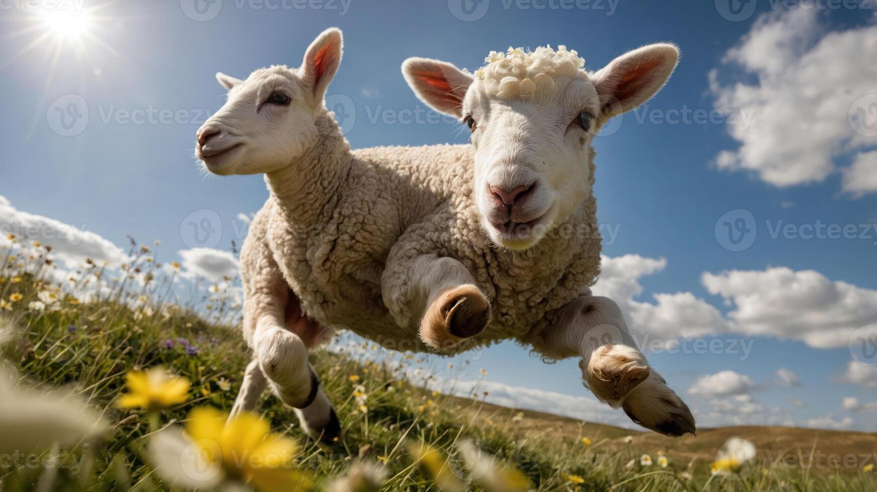 Two playful sheep leaping joyfully in a vibrant meadow under a bright sunny sky photo