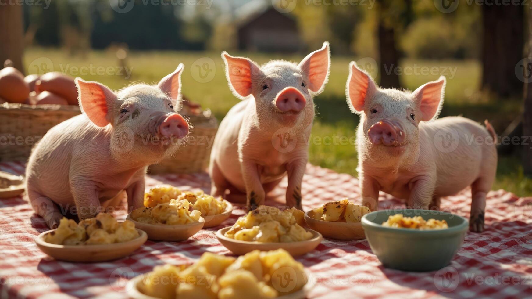 Three adorable piglets enjoying a picnic with tasty food in a sunny farmyard setting photo