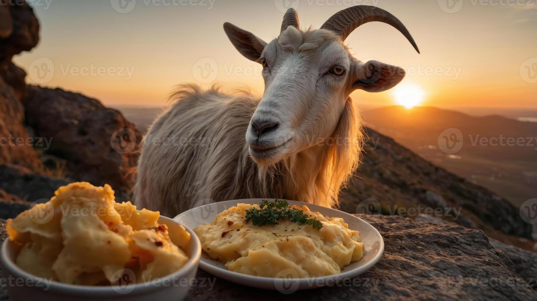 Goat overlooking sunset with two plates of mashed potatoes on rocky terrain, serene outdoor dining scene photo