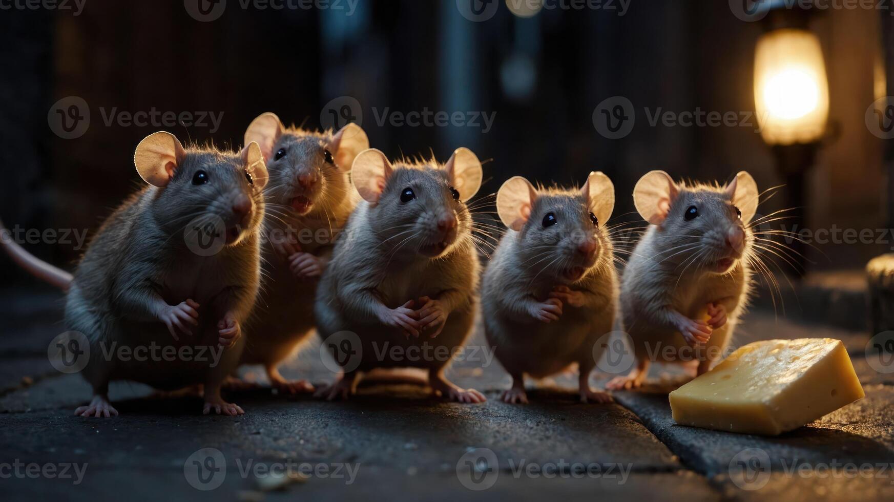 Five curious mice gather around a piece of cheese in a dimly lit alleyway at night photo
