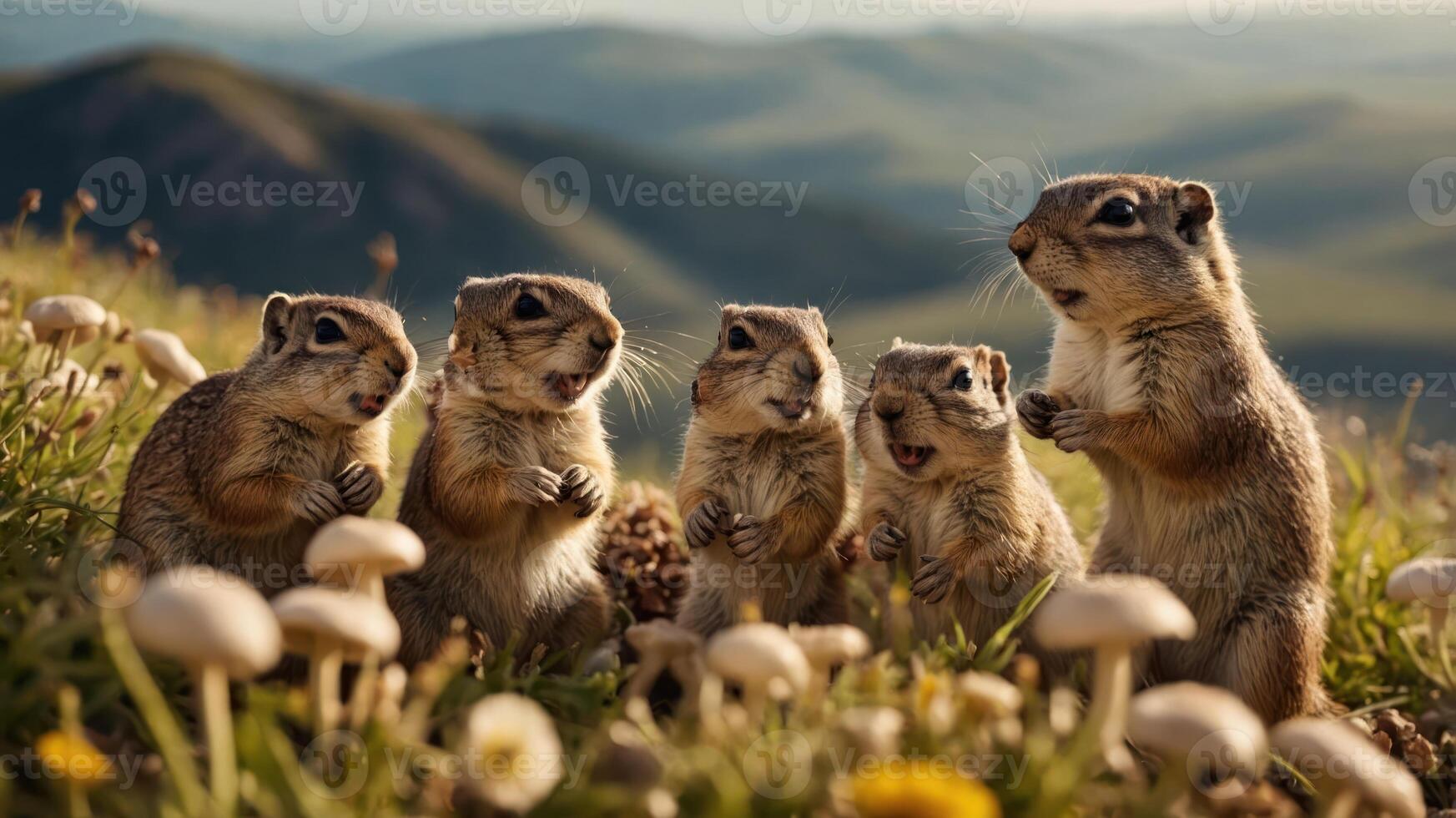Five small mammals gather on a grassy hill, interacting playfully among wildflowers at sunset photo