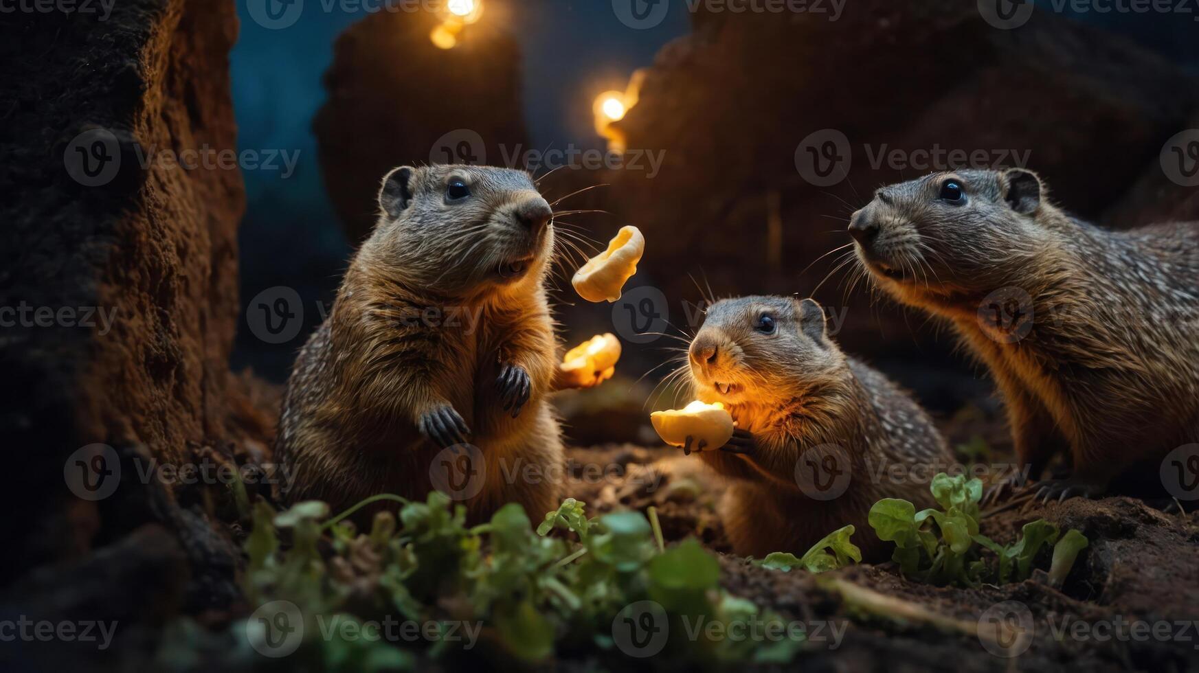 Three playful ground squirrels catch food in a forest setting illuminated by soft lights photo