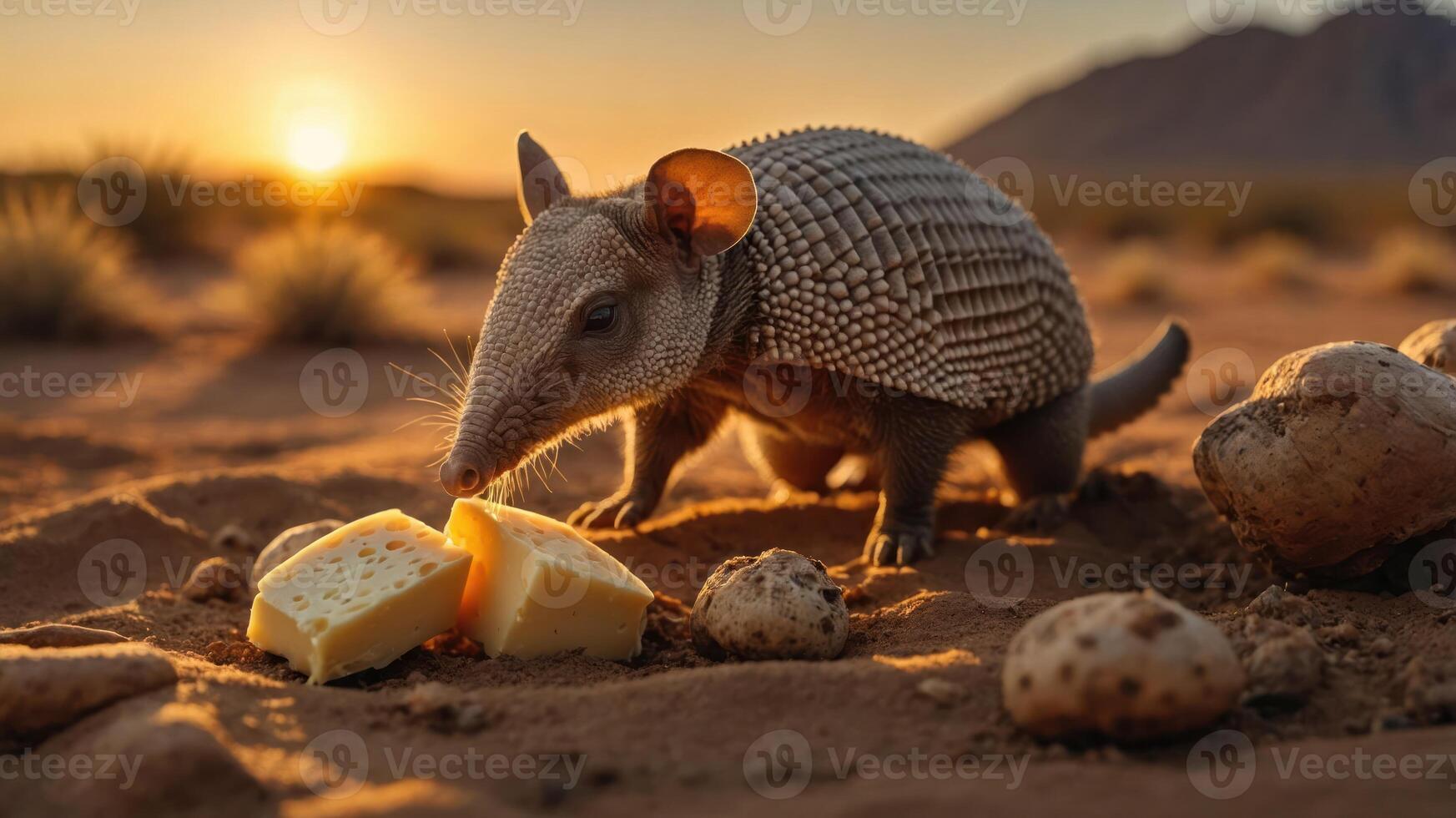 Armadillo foraging for cheese in a desert landscape at sunset, showcasing natural behavior photo