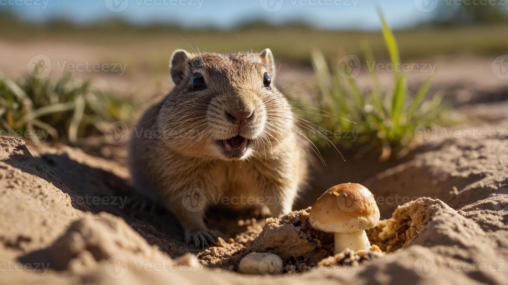 A curious small mammal exploring a sandy landscape, discovering a mushroom amidst greenery photo