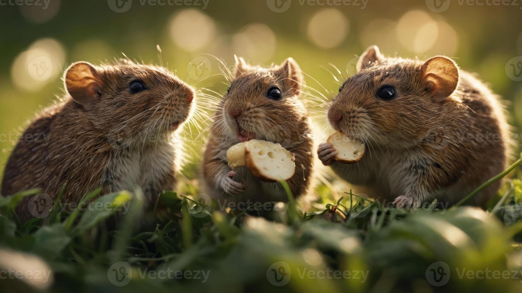 Three adorable small rodents enjoying snacks on a sunny grass field with a blurred background photo