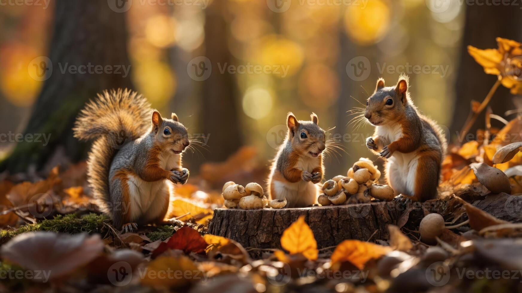 Three squirrels gathered around a log in a vibrant autumn forest, enjoying acorns amidst fallen leaves photo