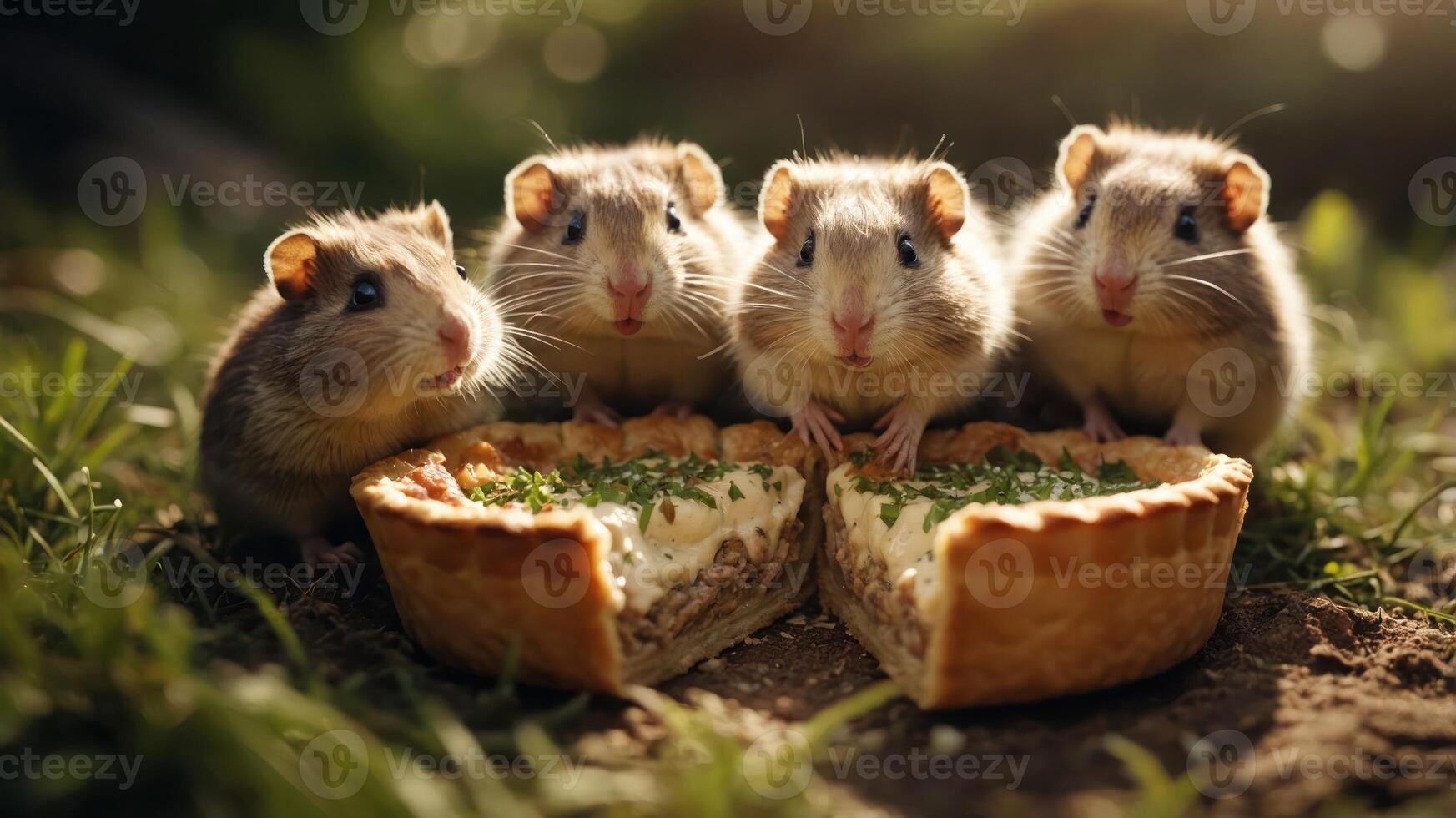 Four adorable hamsters gathered around a pie in a sunlit grassy field, creating a charming scene photo