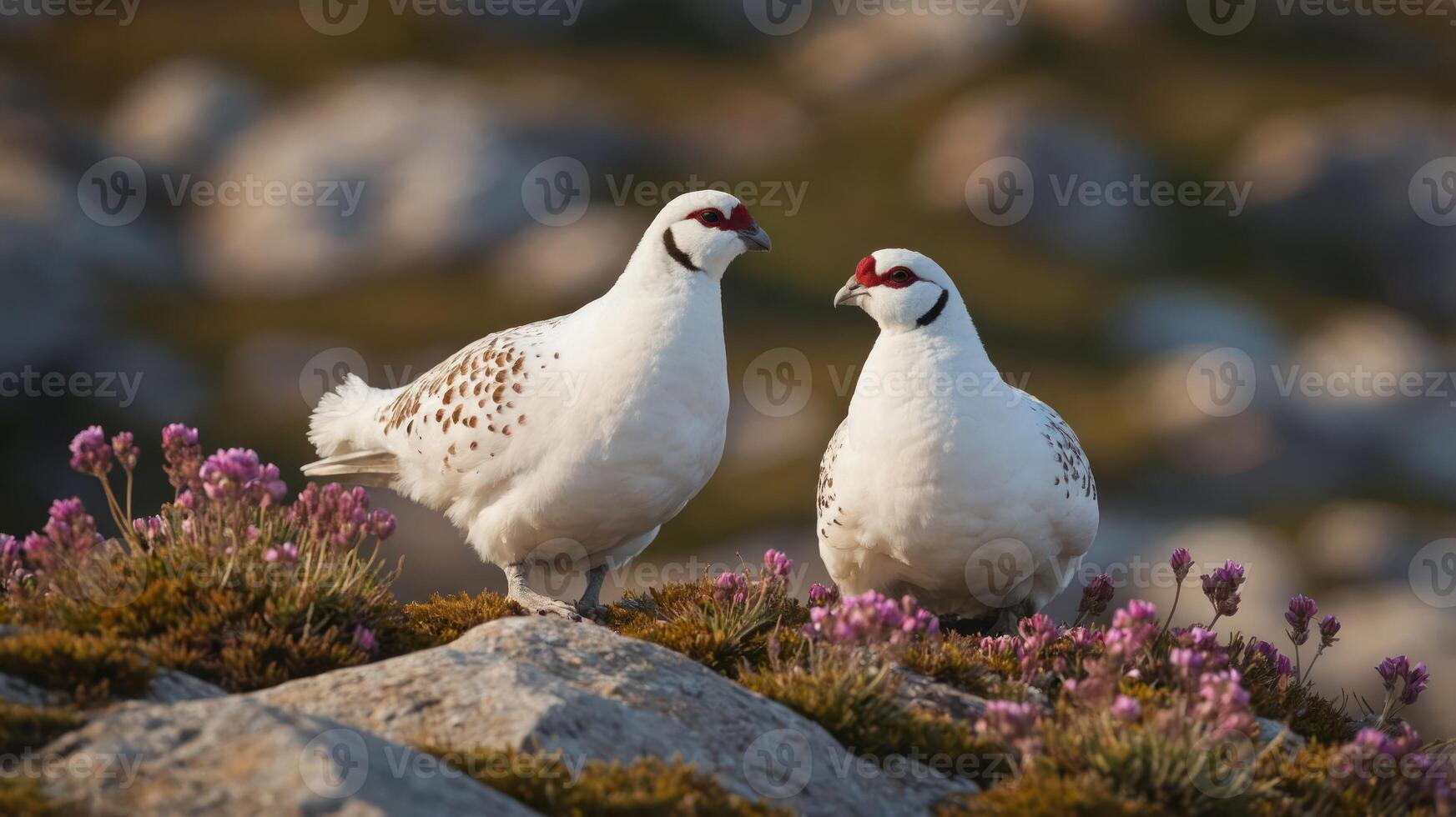 Two white birds with brown spots standing on rocky terrain surrounded by pink flowers at sunset photo