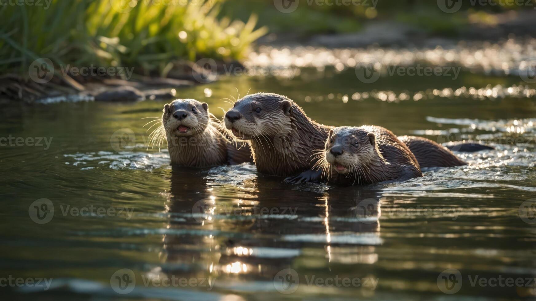 Three playful otters swimming in a serene river, surrounded by lush greenery and soft sunlight photo