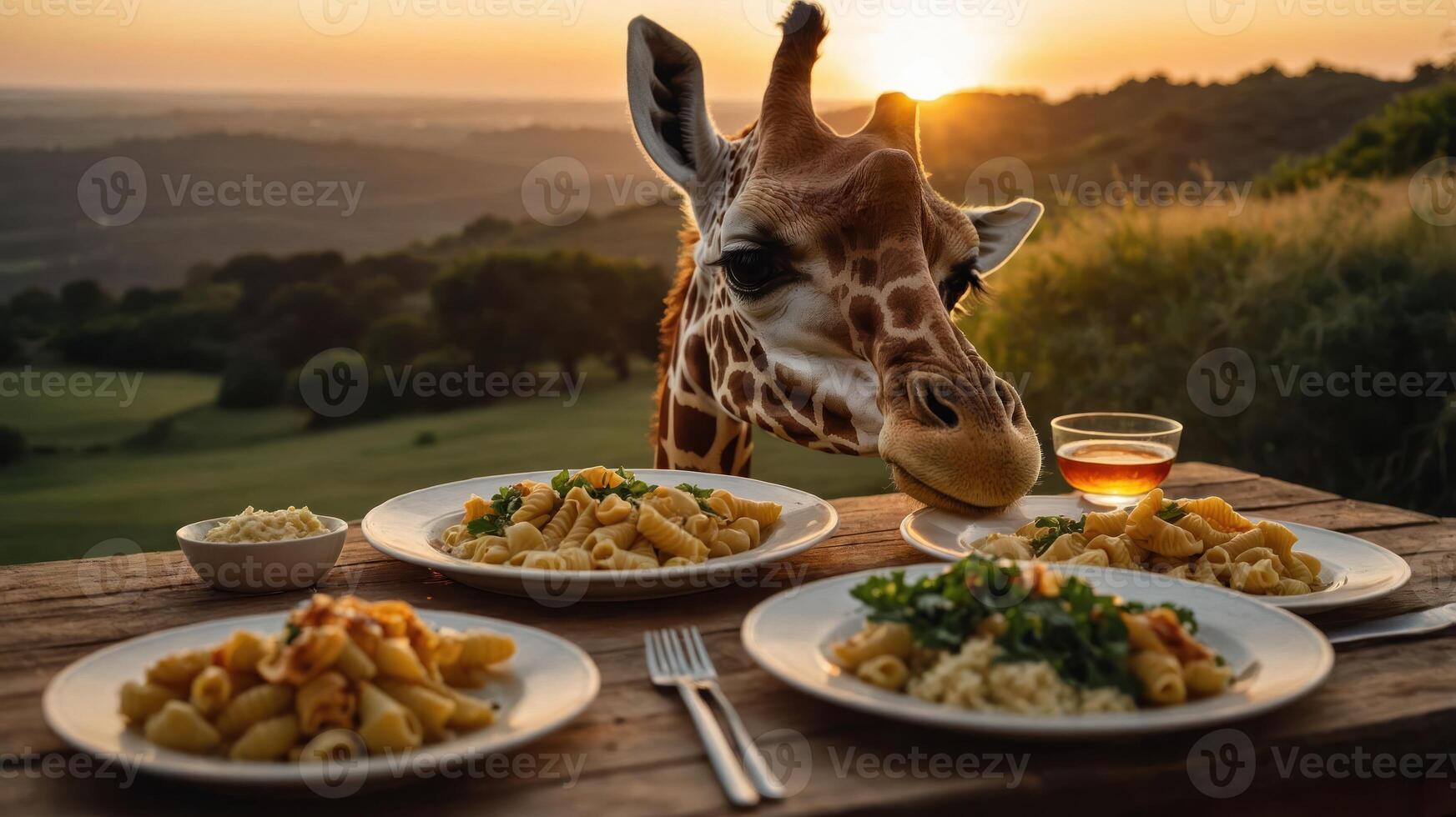 A curious giraffe approaches a sunset dinner table with pasta dishes and a drink in a scenic landscape photo