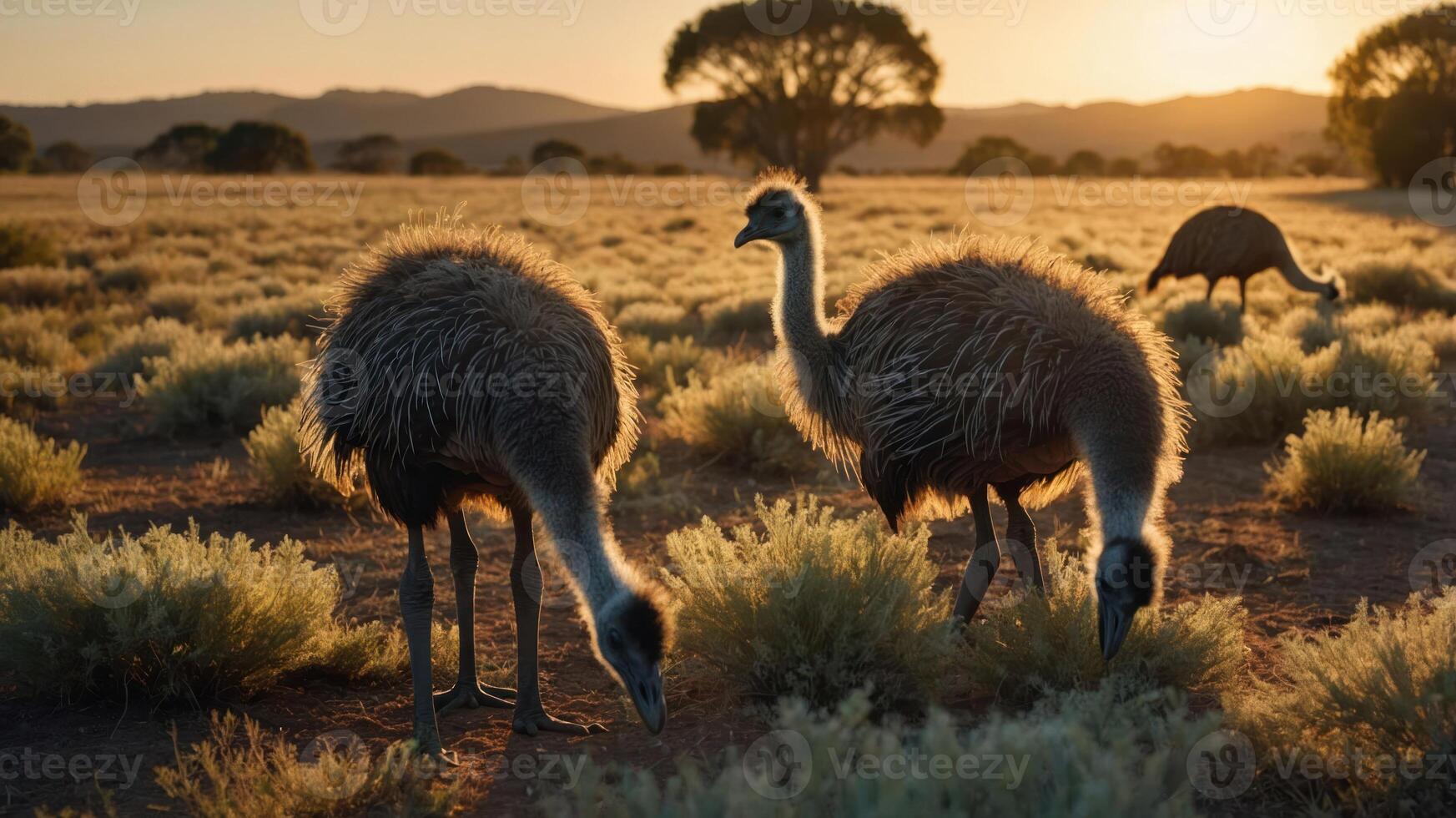 Emus grazing in a golden sunset landscape, surrounded by lush vegetation and distant hills photo