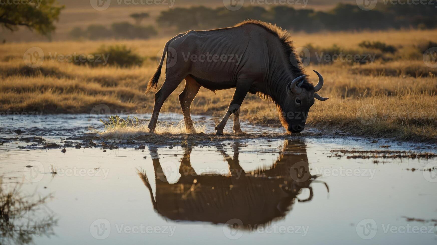 A solitary wildebeest drinking from a serene waterhole at sunset, surrounded by golden grasslands photo