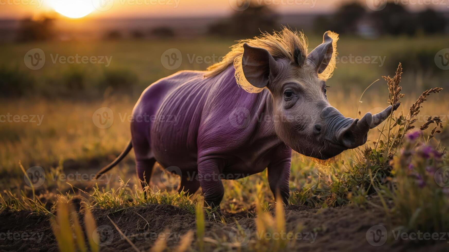 Playful piglet with unique coloration stands in a vibrant field during sunset, showcasing nature photo