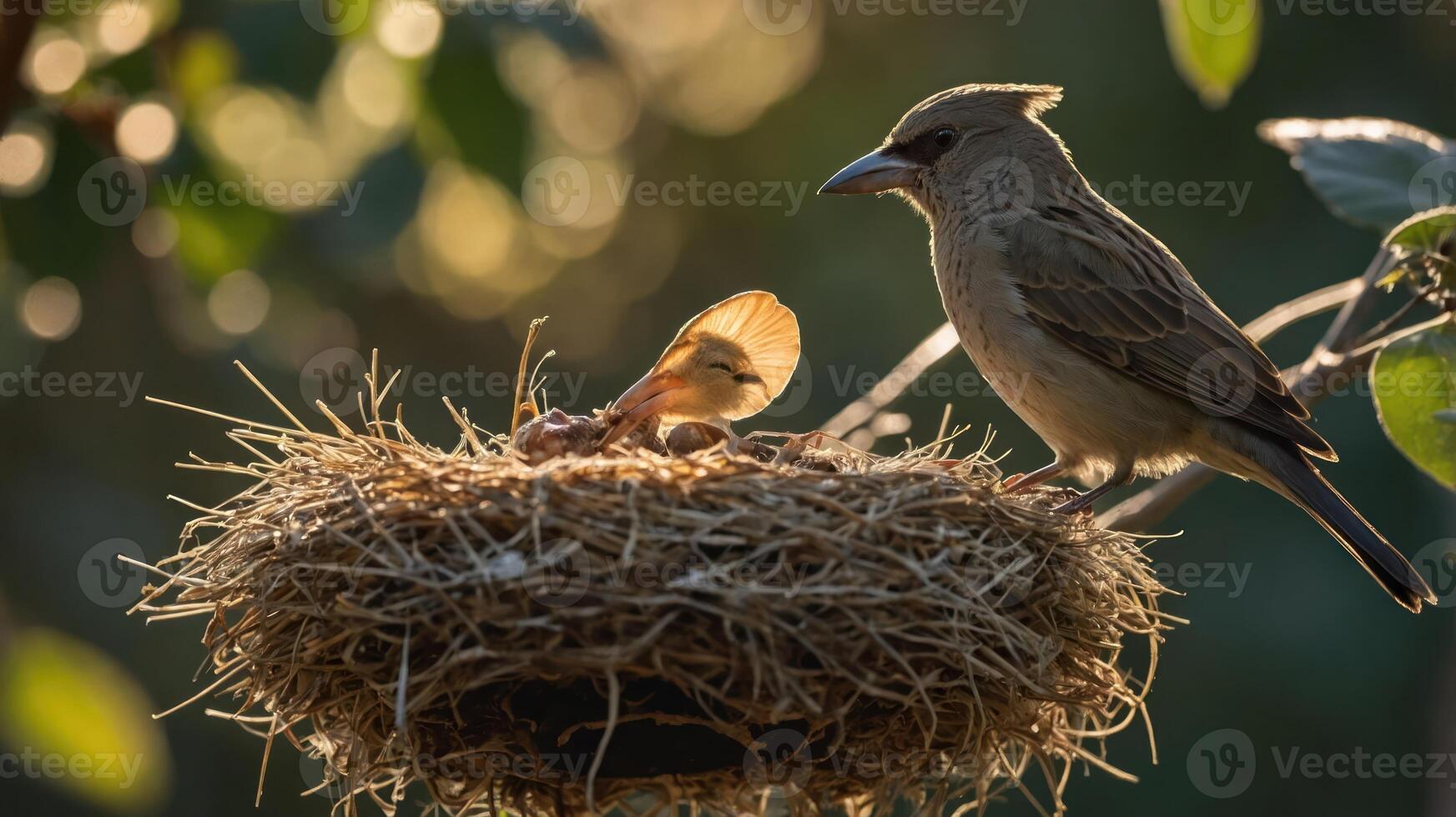 A parent bird feeding its chick in a beautifully lit nest surrounded by lush greenery photo