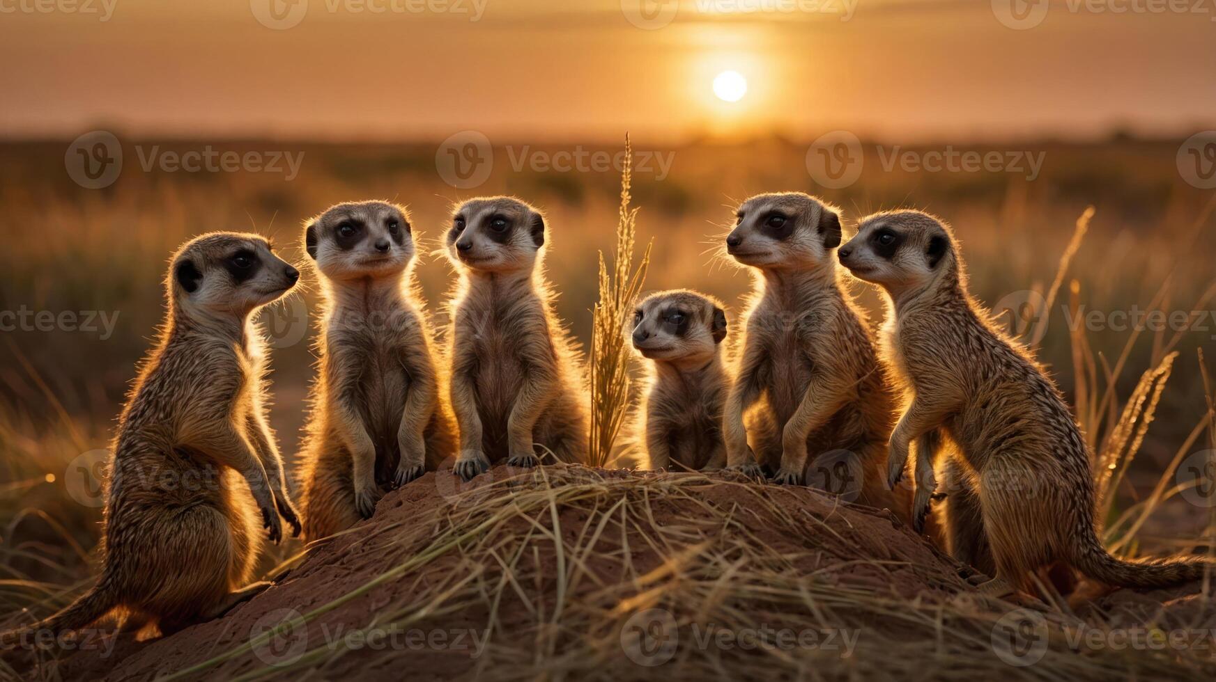 A group of meerkats stands alert on a mound during a vibrant sunset in the savanna photo