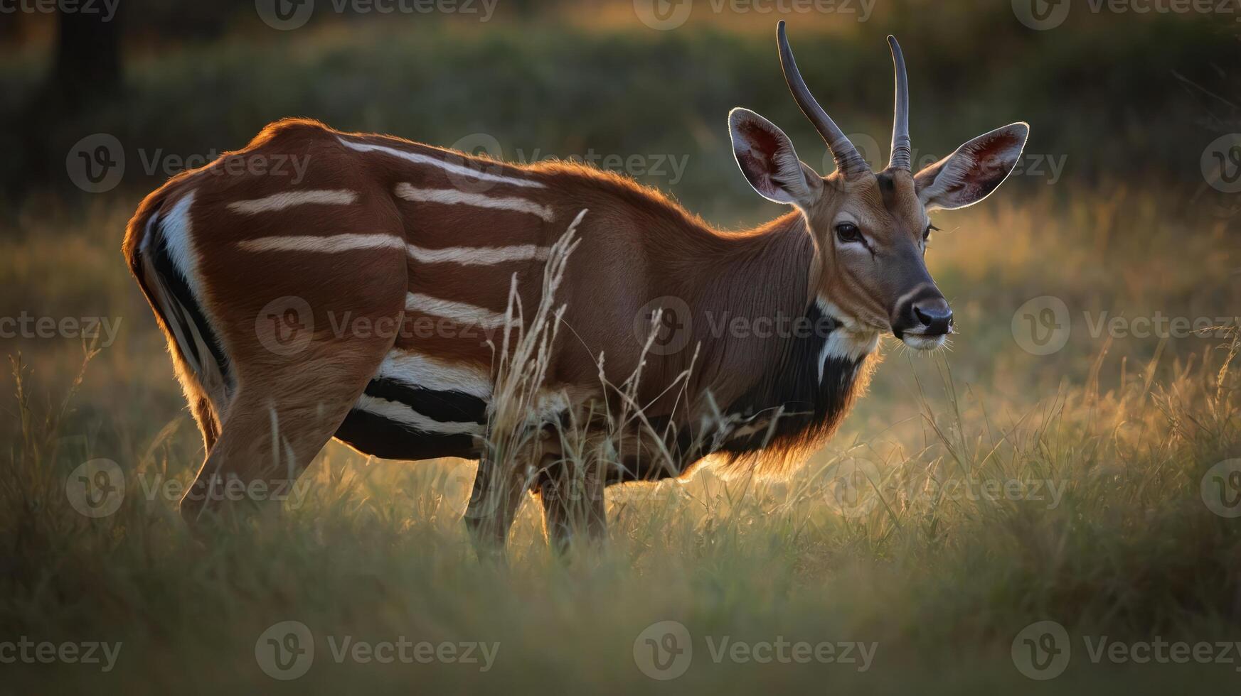 A graceful antelope stands in a sunlit meadow, surrounded by tall grass and soft shadows photo